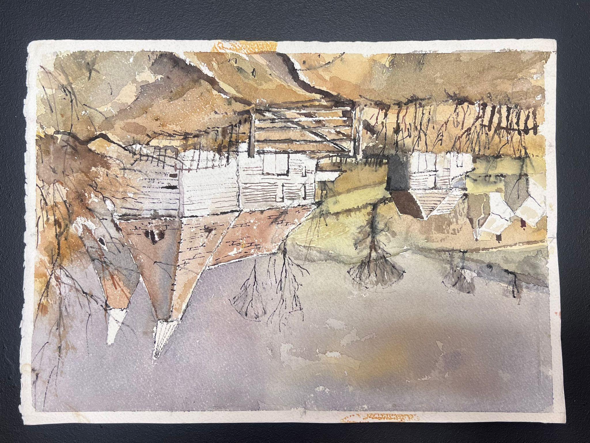 Fina acuarela original británica impresionista Puente de verano Reflejo del río en venta 1
