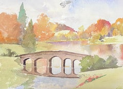 Fine British Original Impressionist Watercolor Summer Bridge River Reflection