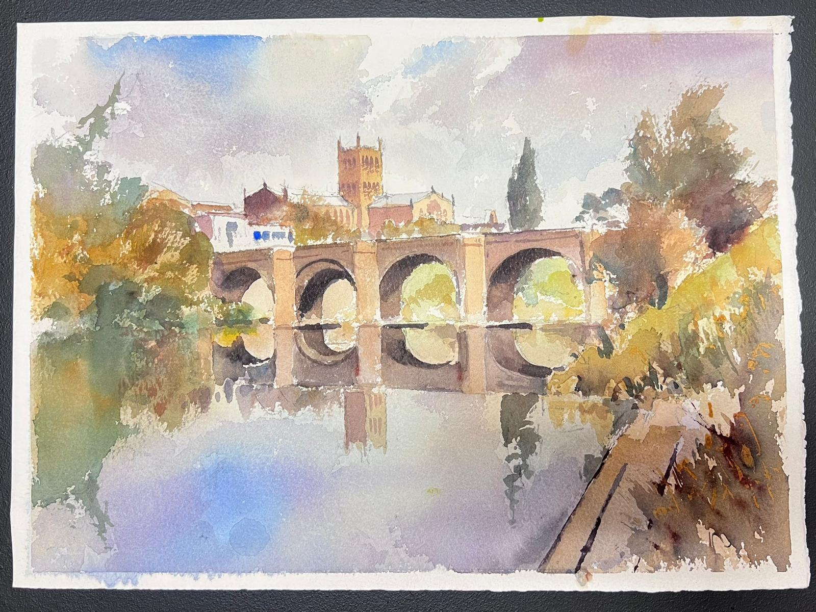 Fine British Original Impressionist Watercolor The Old Bridge Hereford - Painting by Anthony Avery