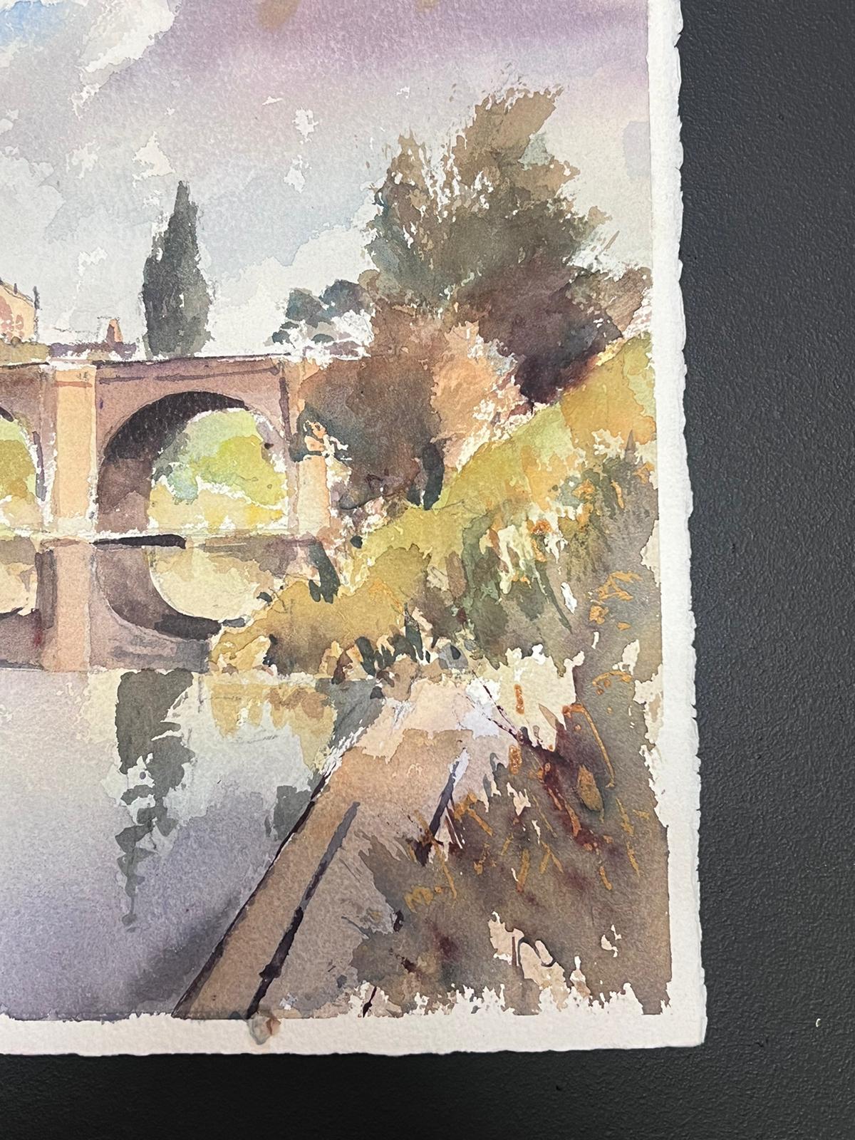 Fine British Original Impressionist Watercolor The Old Bridge Hereford - Beige Landscape Painting by Anthony Avery