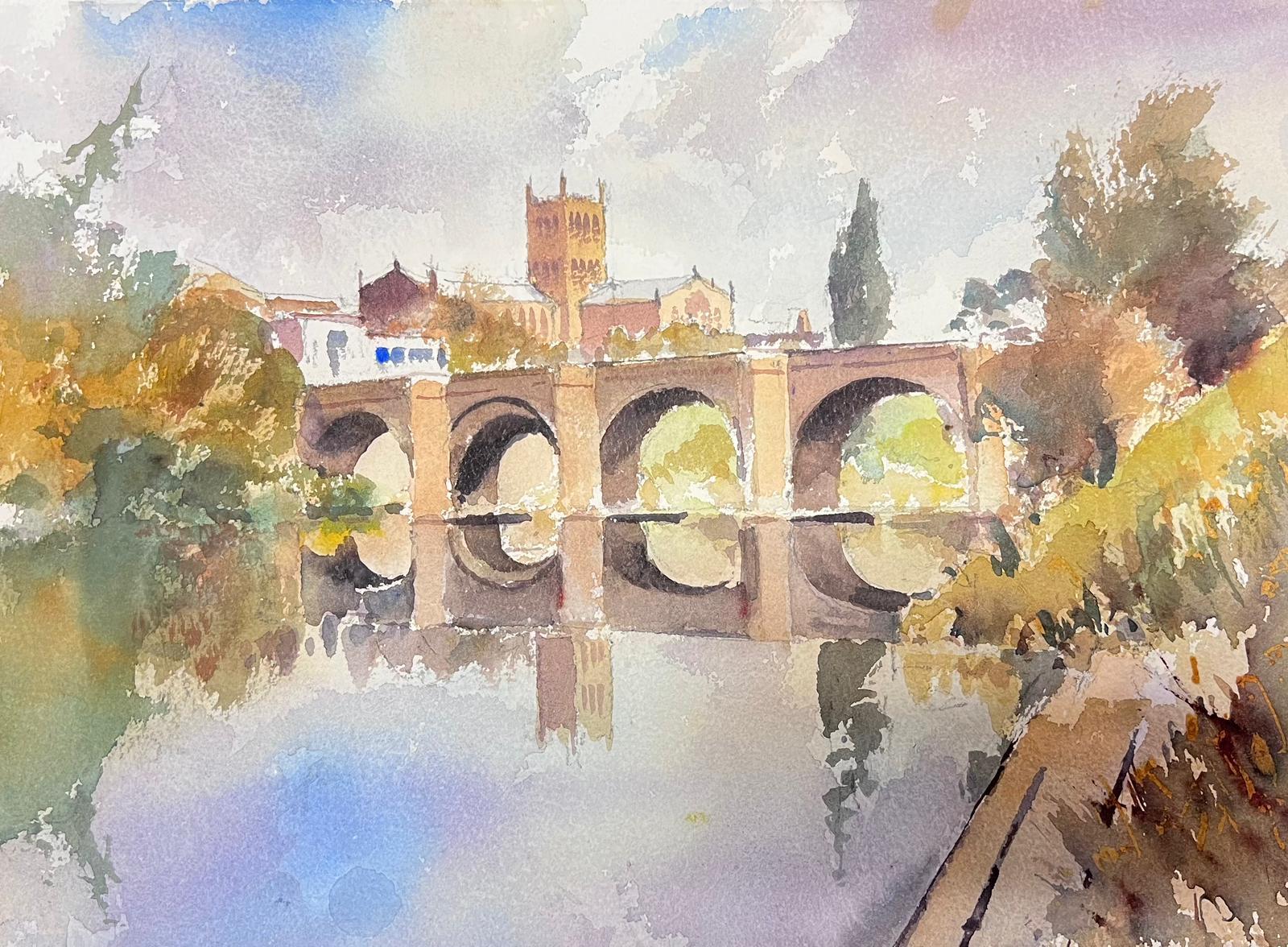 Fine British Original Impressionist Watercolor The Old Bridge Hereford