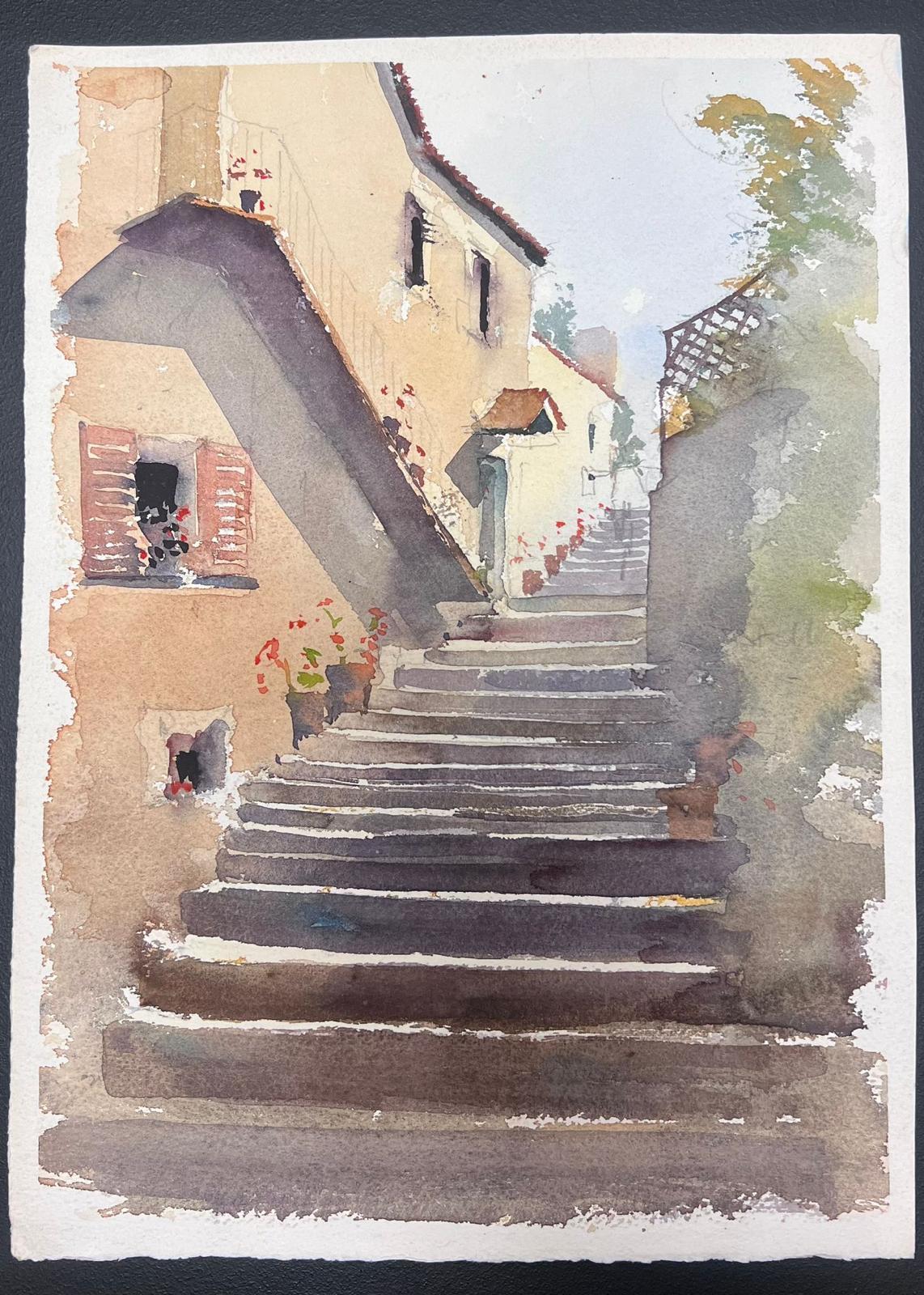 Fine aquarelle impressionniste britannique originale Village Stone Steps - Painting de Anthony Avery