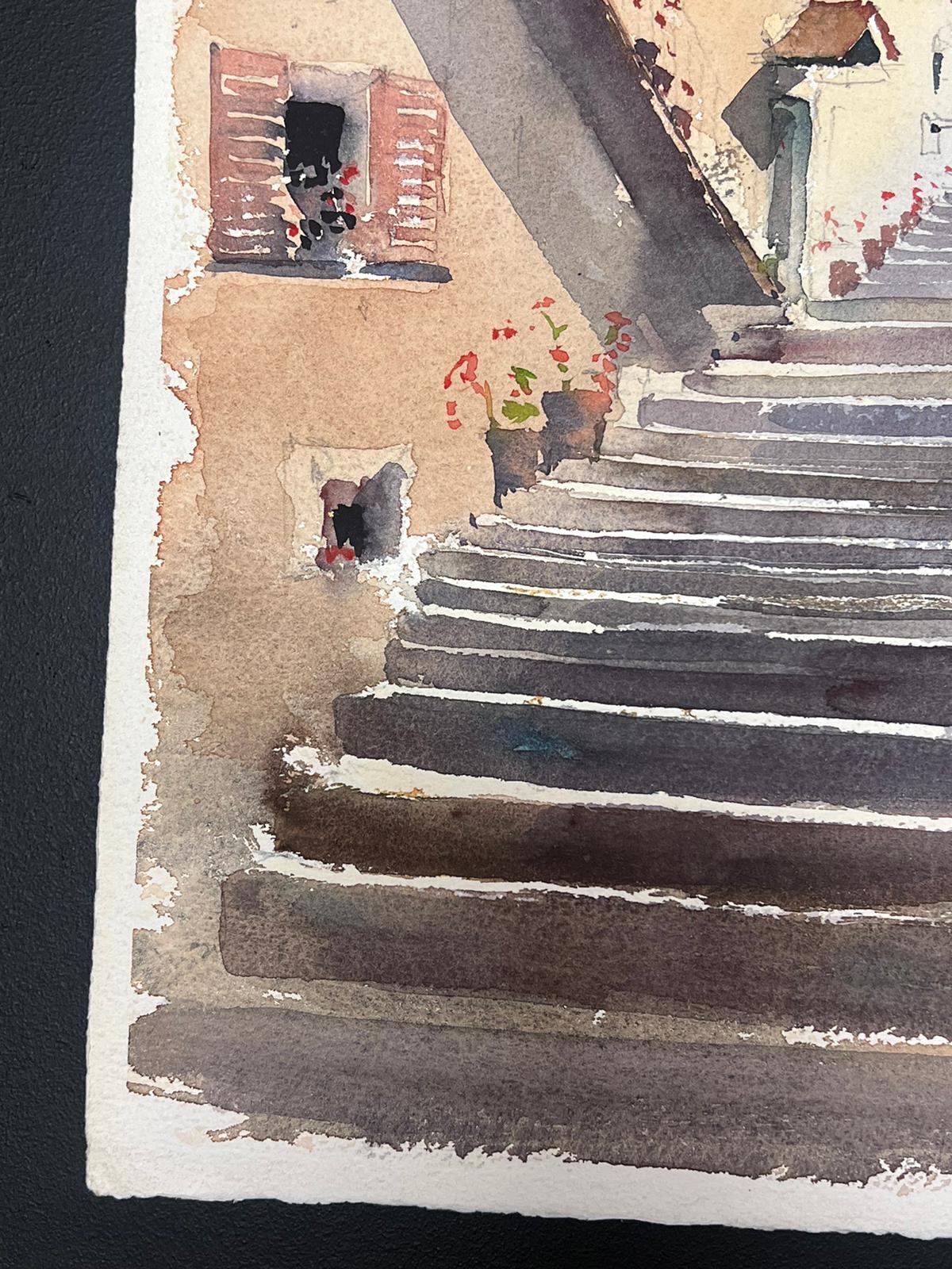 Fine aquarelle impressionniste britannique originale Village Stone Steps - Impressionnisme Painting par Anthony Avery