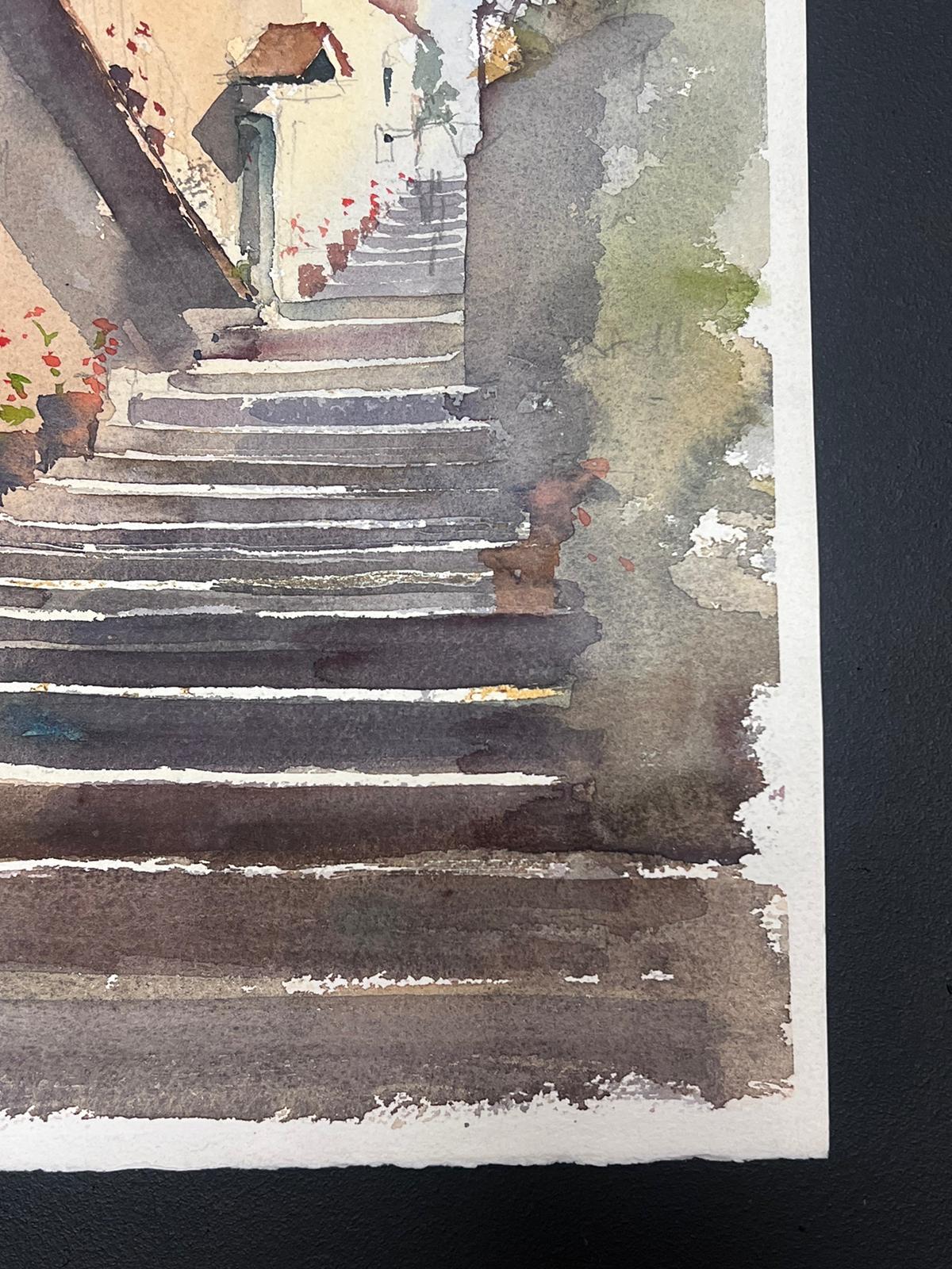 Fine aquarelle impressionniste britannique originale Village Stone Steps - Marron Landscape Painting par Anthony Avery