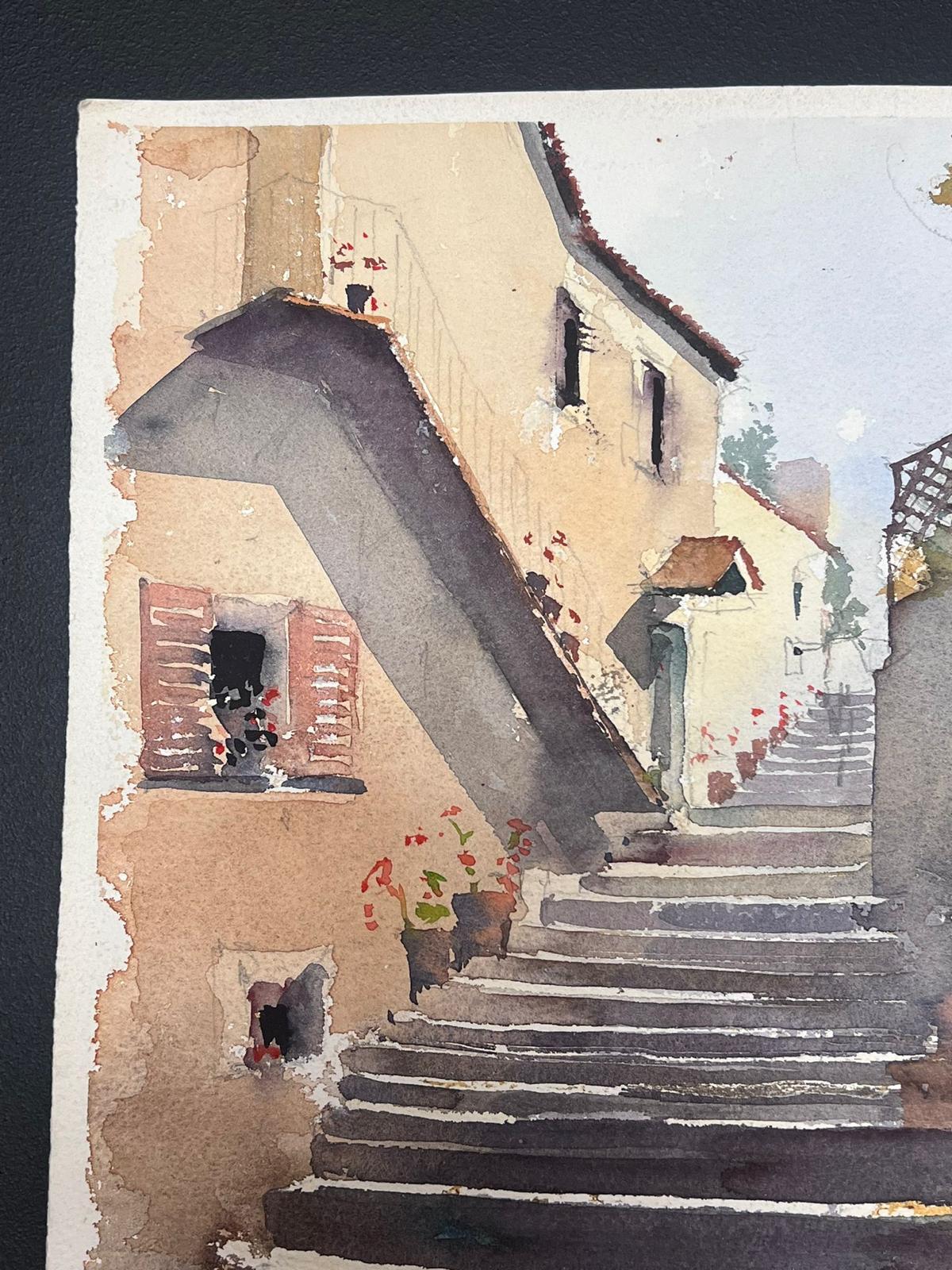 Fine aquarelle impressionniste britannique originale Village Stone Steps en vente 1