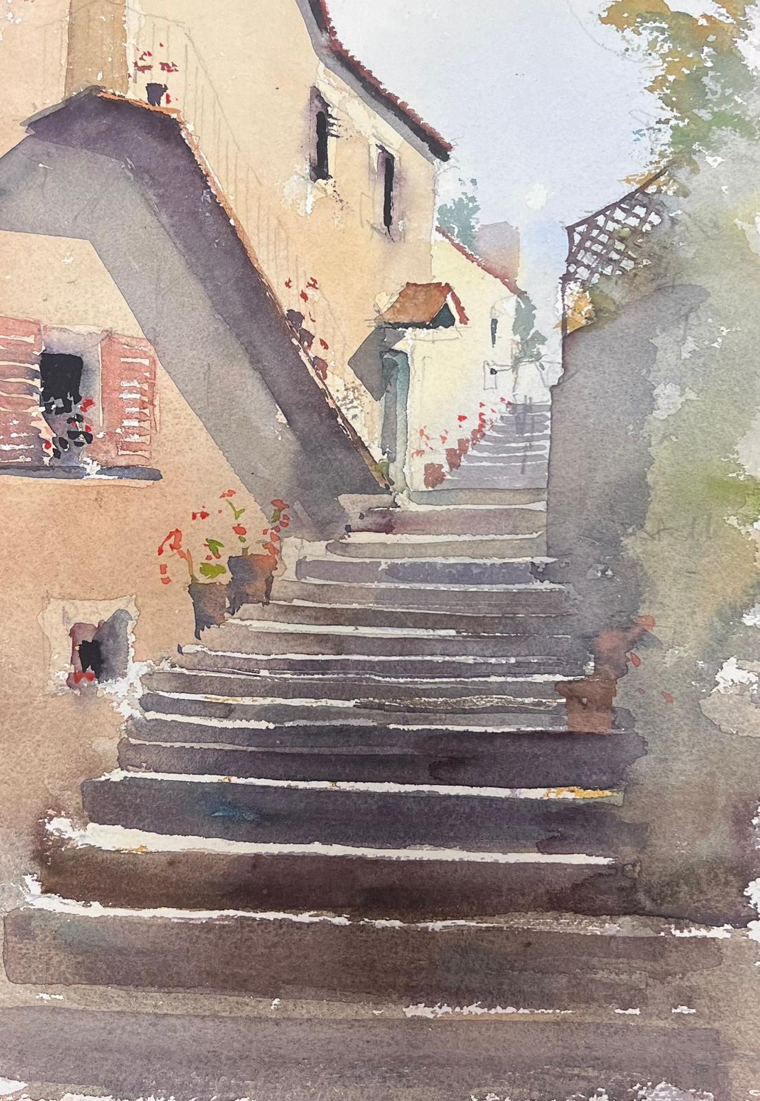 Feine britische Original-impressionistische Aquarell- Village Stone Steps, Village Stone, Original