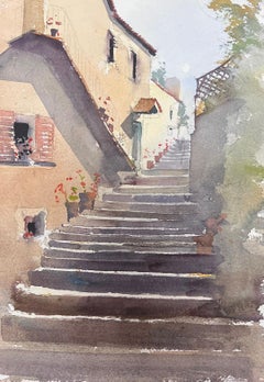 Fine aquarelle impressionniste britannique originale Village Stone Steps