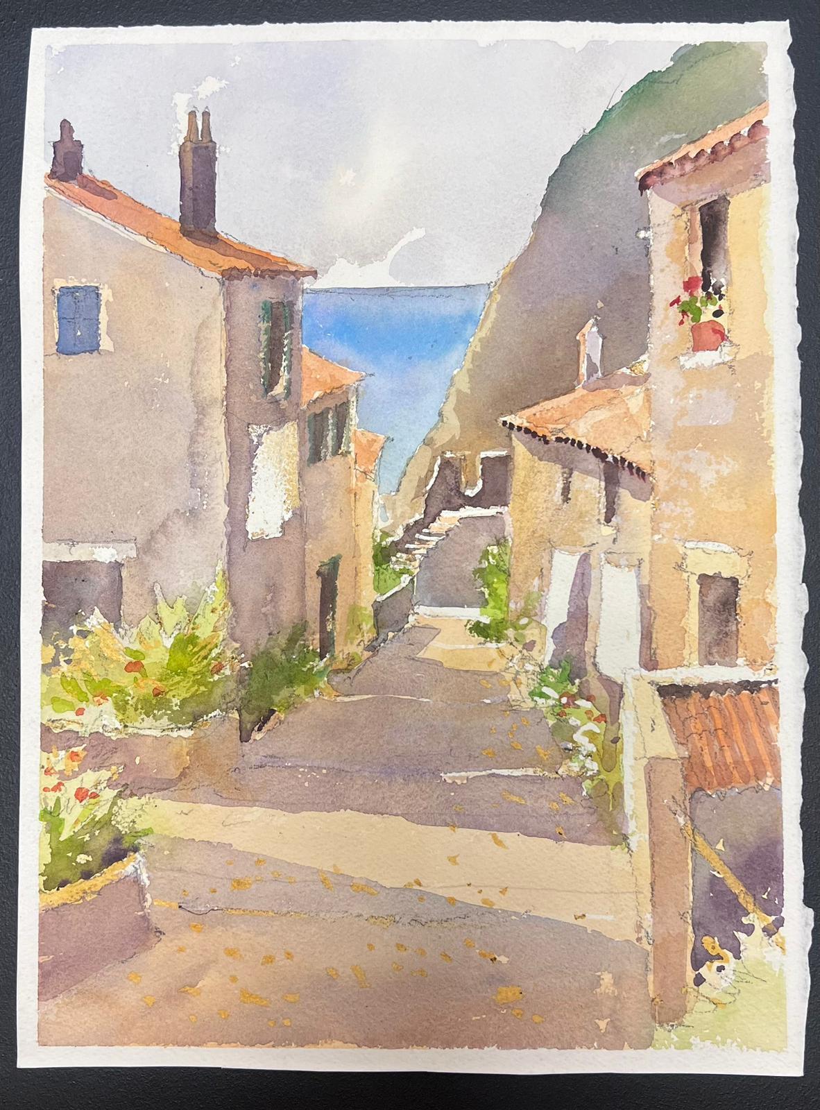Fina acuarela original británica impresionista Calle de pueblo que lleva al mar - Painting de Anthony Avery