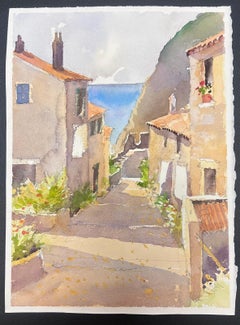 Fine British Original Impressionist Watercolor Street Village Leading To The Sea (Strada del villaggio che porta al mare)