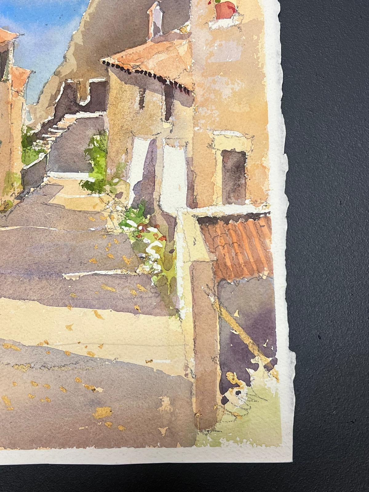Fina acuarela original británica impresionista Calle de pueblo que lleva al mar - Painting Impresionista de Anthony Avery