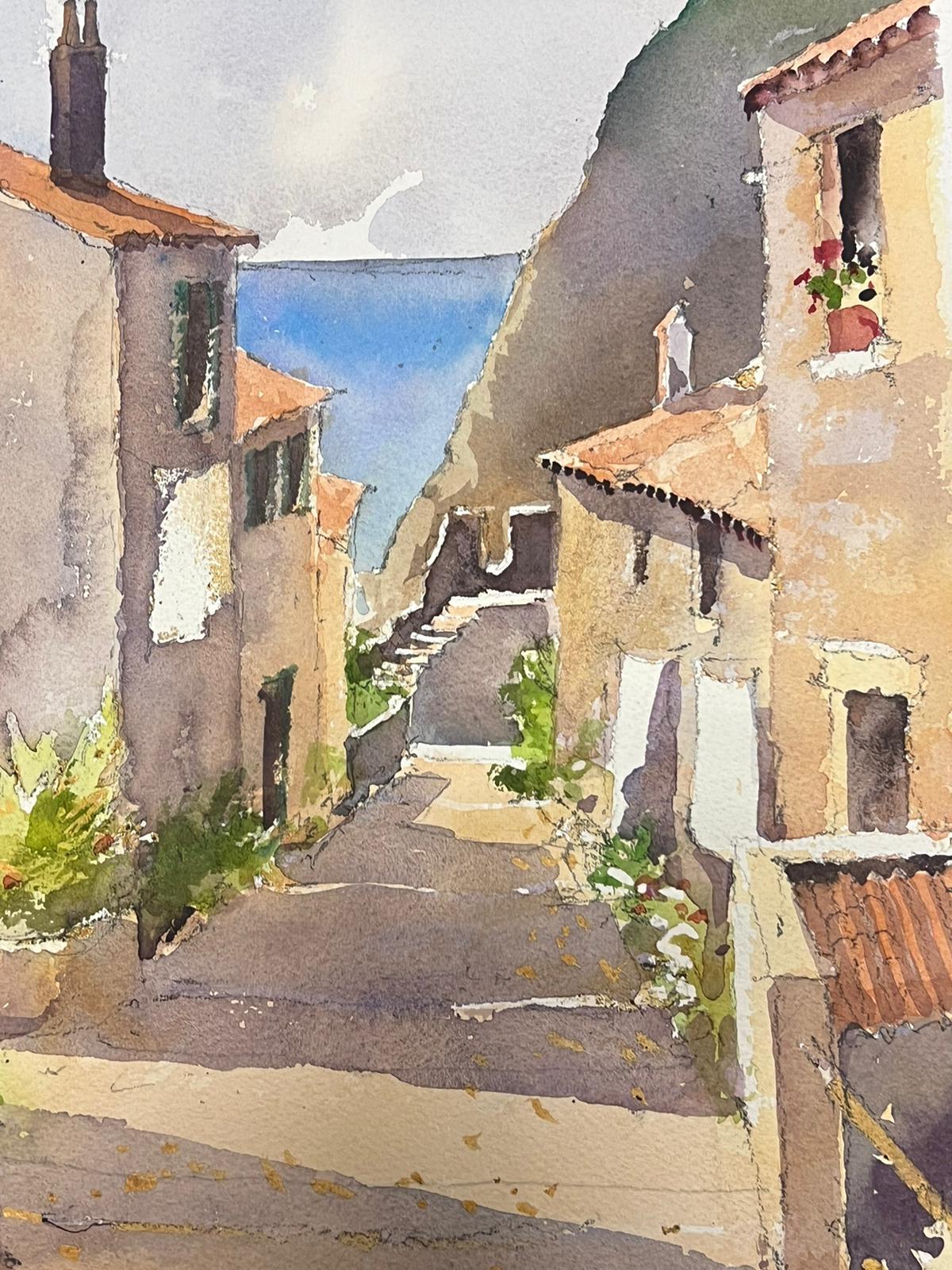 Fina acuarela original británica impresionista Calle de pueblo que lleva al mar - Landscape Painting Beige de Anthony Avery