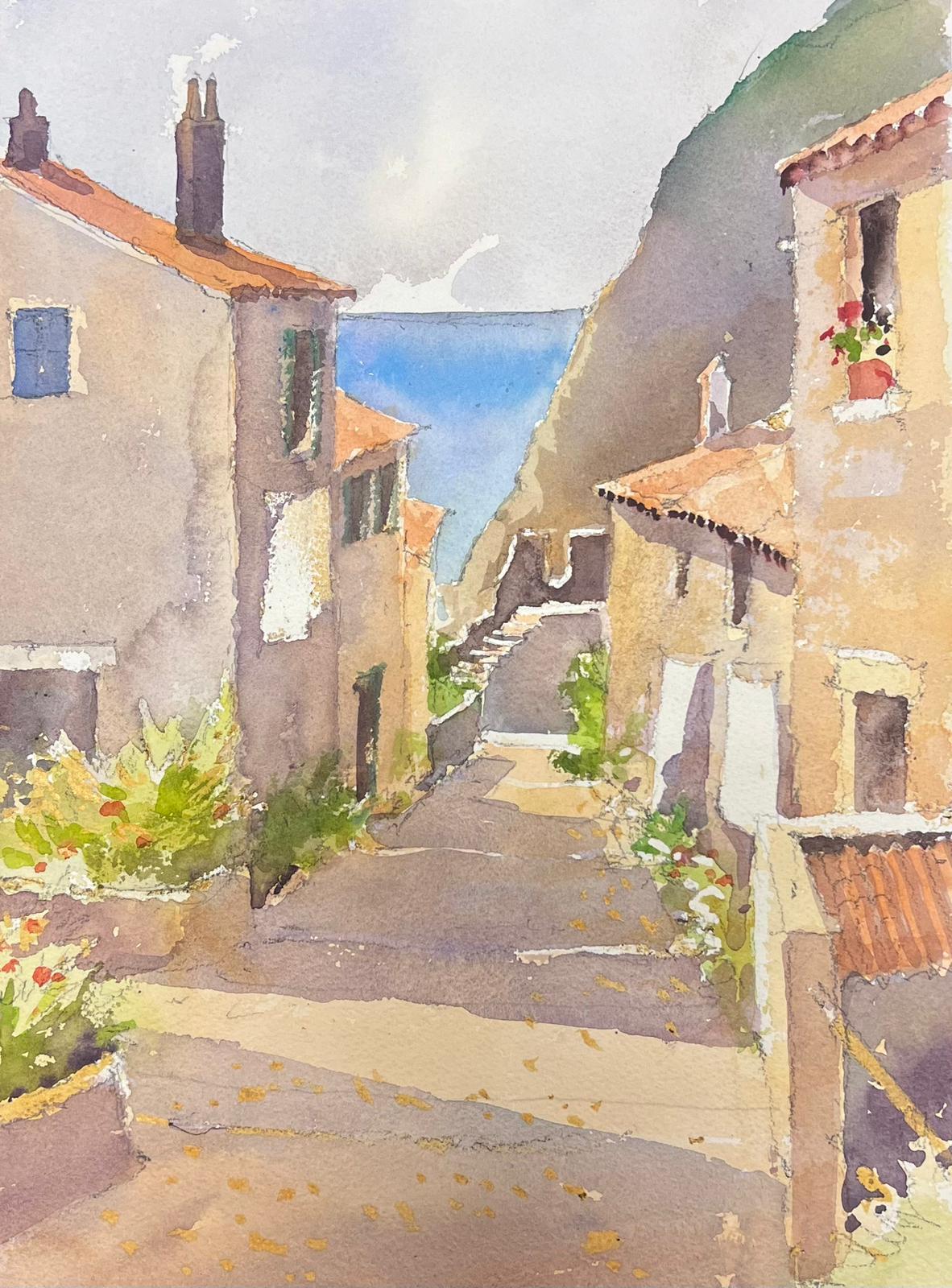 Landscape Painting de Anthony Avery - Fina acuarela original británica impresionista Calle de pueblo que lleva al mar
