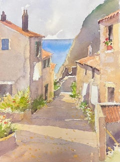 Originales britisches impressionistisches Aquarell, Village Street Leading To The Sea, im Stil des Impressionismus
