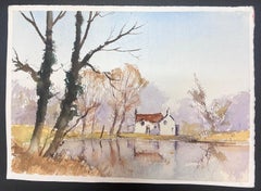 Fine British Original Impressionist Watercolor White Cottage Overlooking Lake