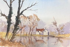 Fine British Original Impressionist Aquarell Weiße Hütte mit Blick auf See