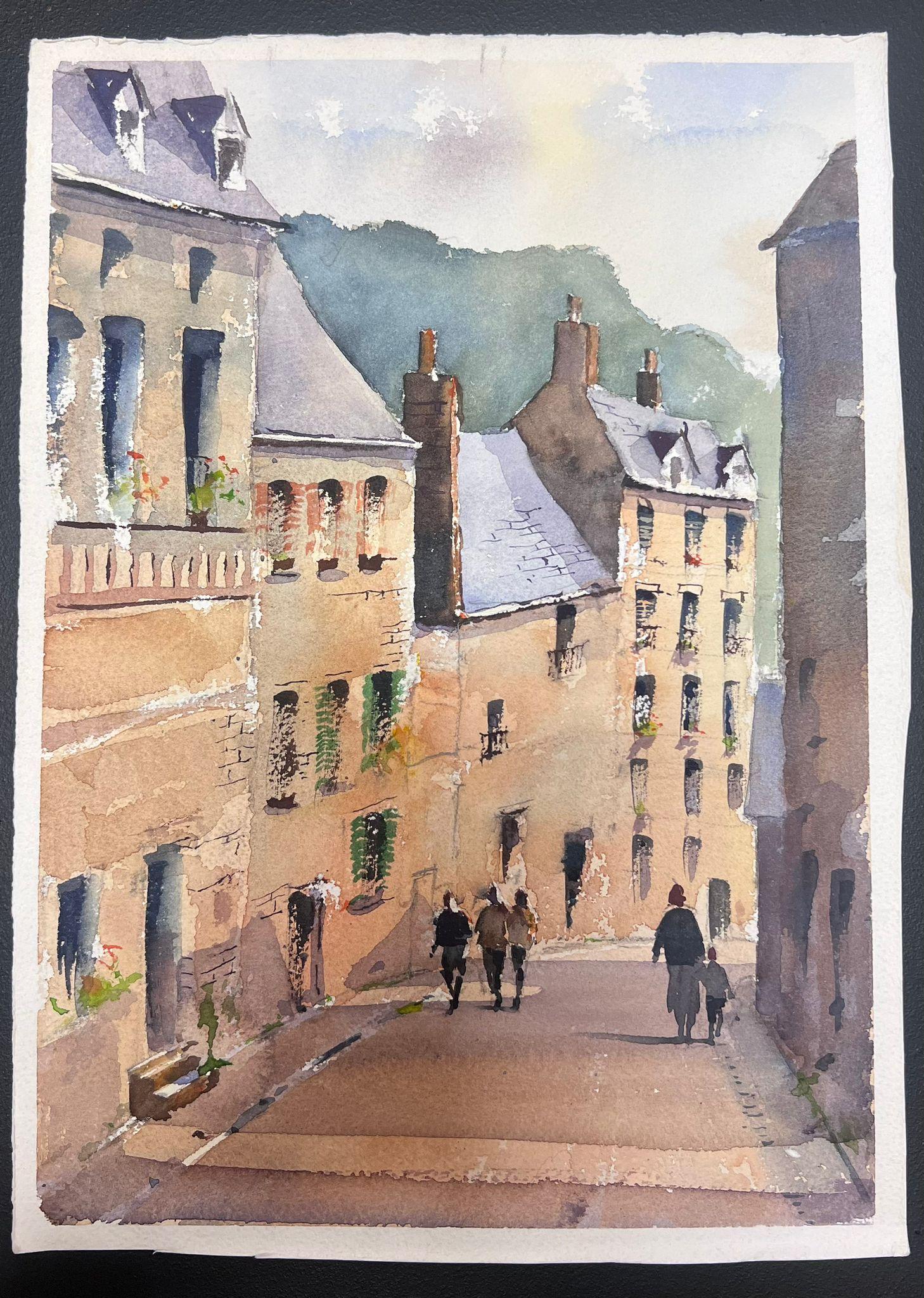 Feine Original impressionistische Aquarellfiguren beim Spazierengehen in der englischen Straße – Painting von Anthony Avery