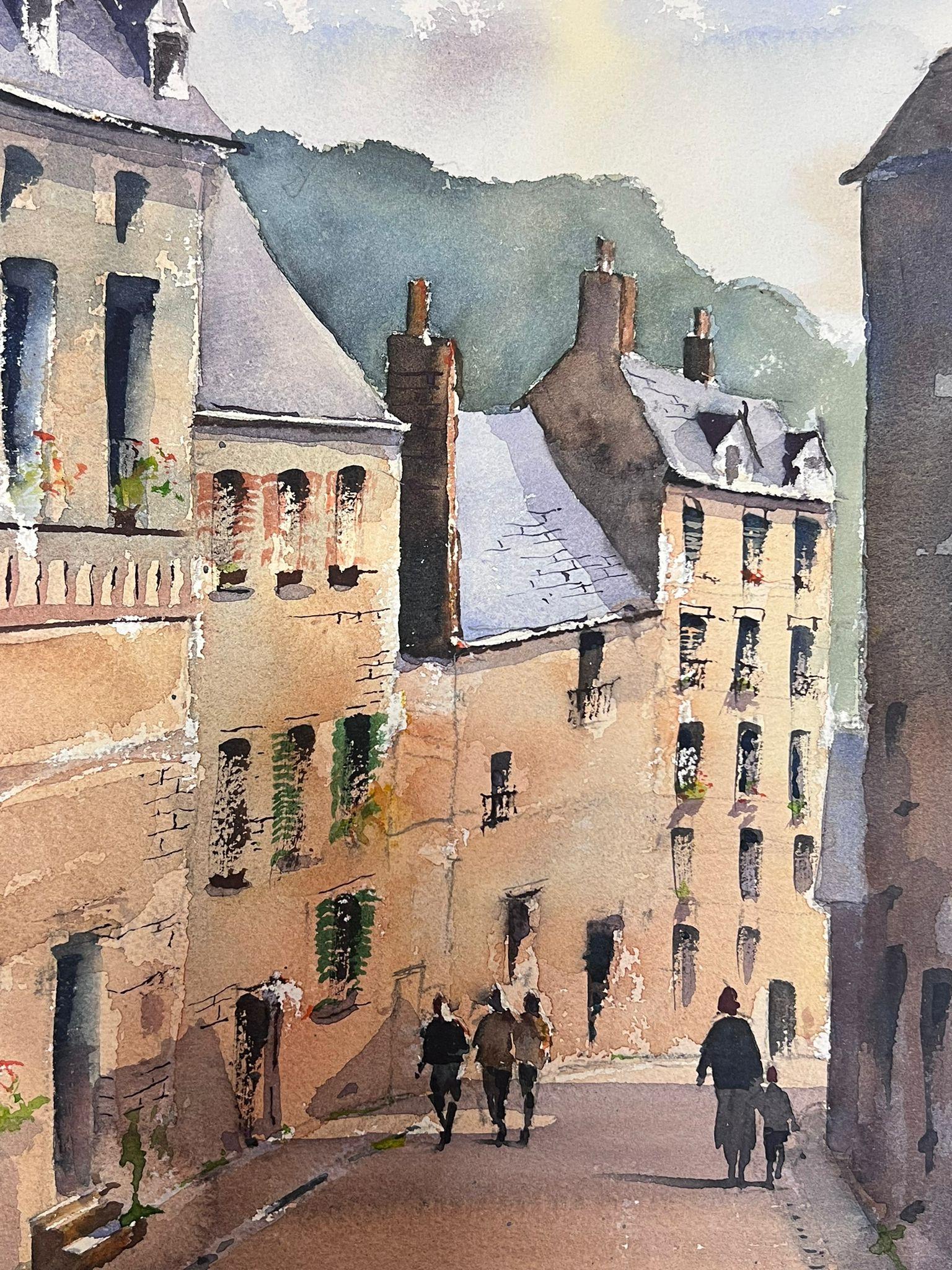 Feine Original impressionistische Aquarellfiguren beim Spazierengehen in der englischen Straße im Angebot 1