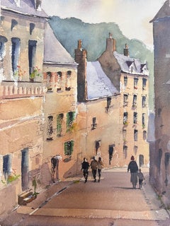 Feine Original impressionistische Aquarellfiguren beim Spazierengehen in der englischen Straße