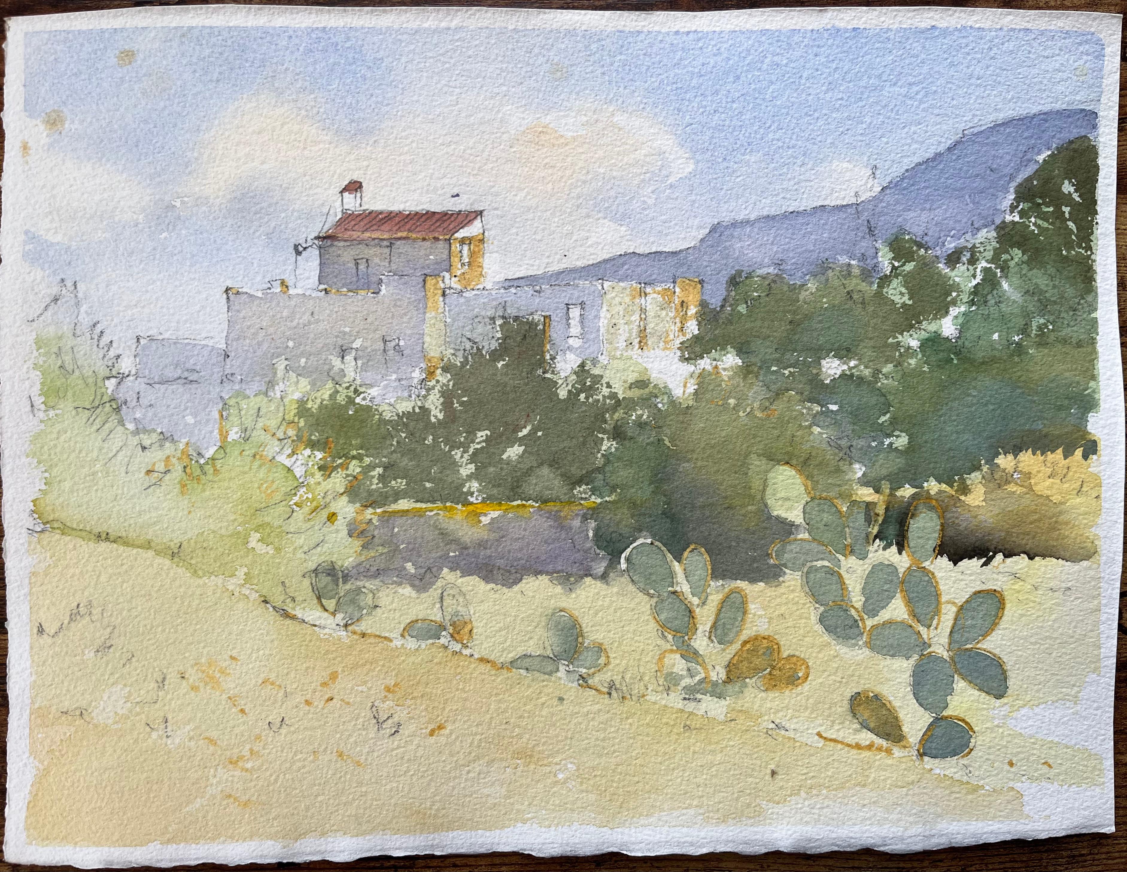 Impressionist Mediterranean Watercolor of Prickly Pear Cacti and Sunlit Village - Painting by Anthony Avery