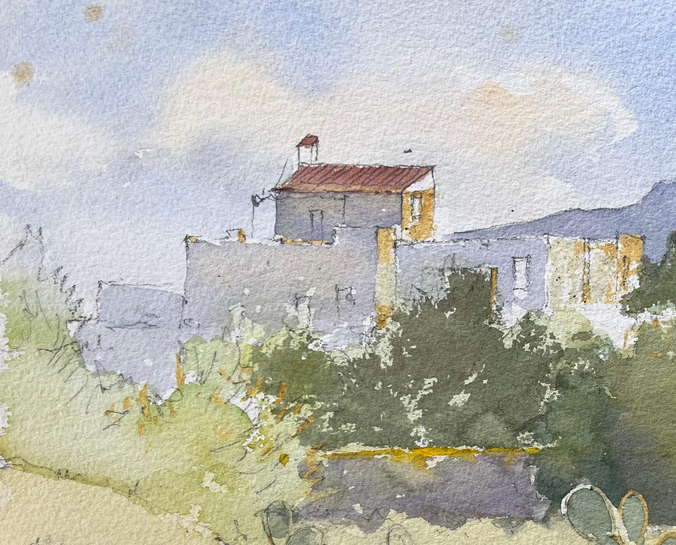 Impressionist Mediterranean Watercolor of Prickly Pear Cacti and Sunlit Village - Gray Landscape Painting by Anthony Avery