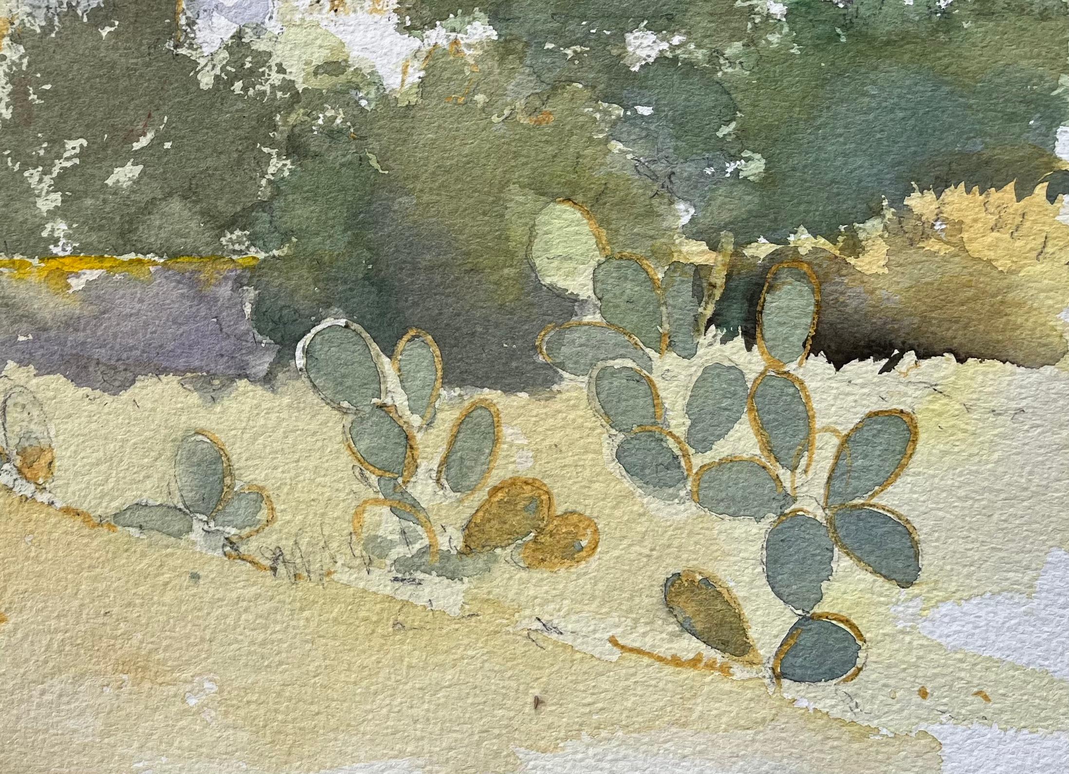 Title: Impressionist Mediterranean Watercolor of Prickly Pear Cacti and Sunlit Village
by Anthony Avery (British 1946-2023)
Original watercolor on artists paper, unframed
Dimensions: 11.5 x 15.25 inches (Height x Width)
Condition: Good, with some