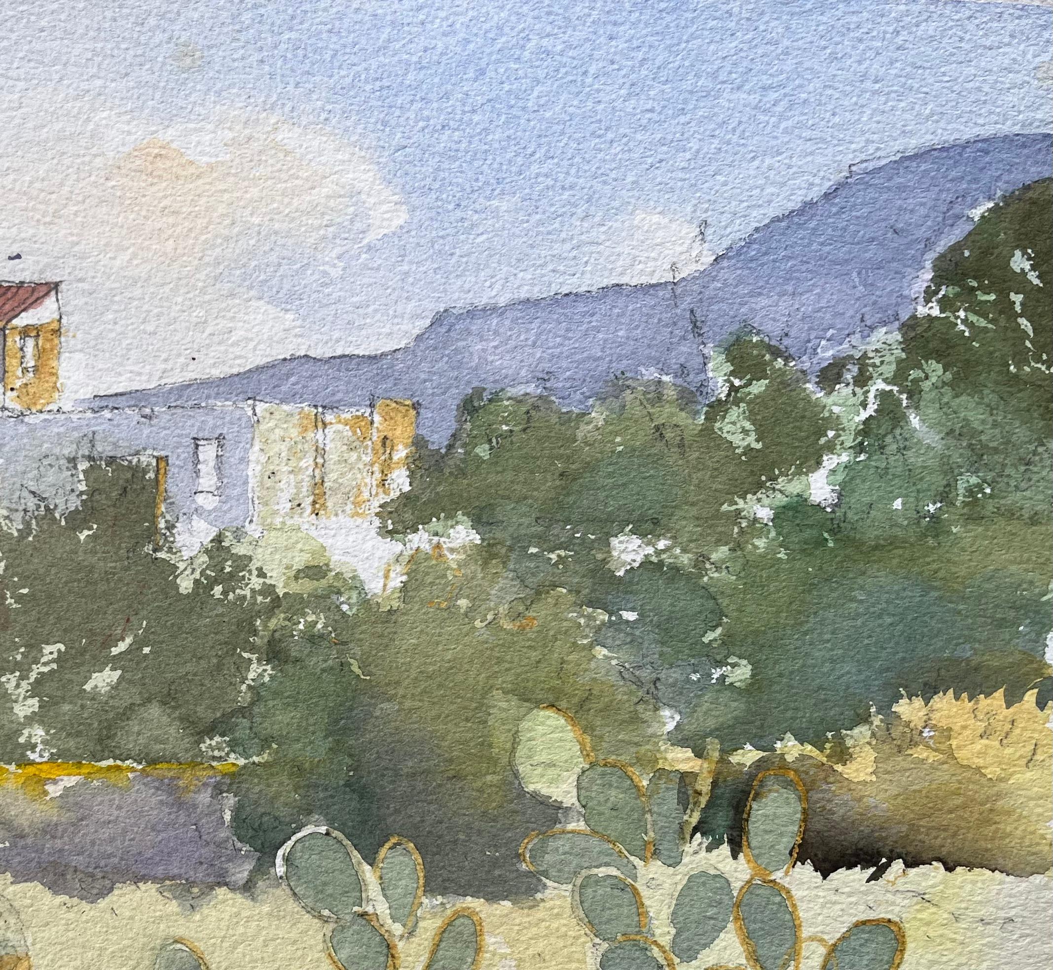 Impressionist Mediterranean Watercolor of Prickly Pear Cacti and Sunlit Village For Sale 1