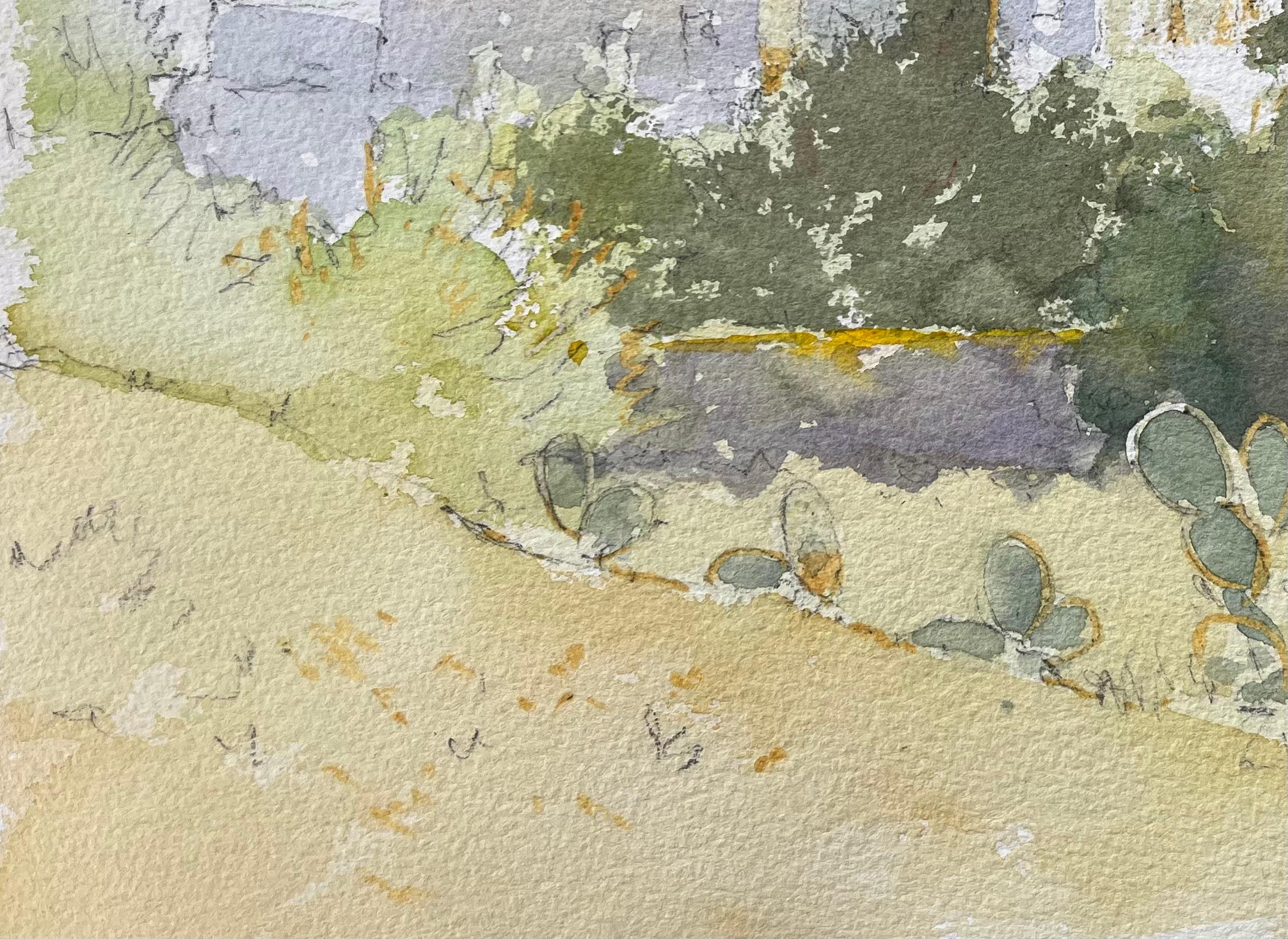 Impressionist Mediterranean Watercolor of Prickly Pear Cacti and Sunlit Village For Sale 2
