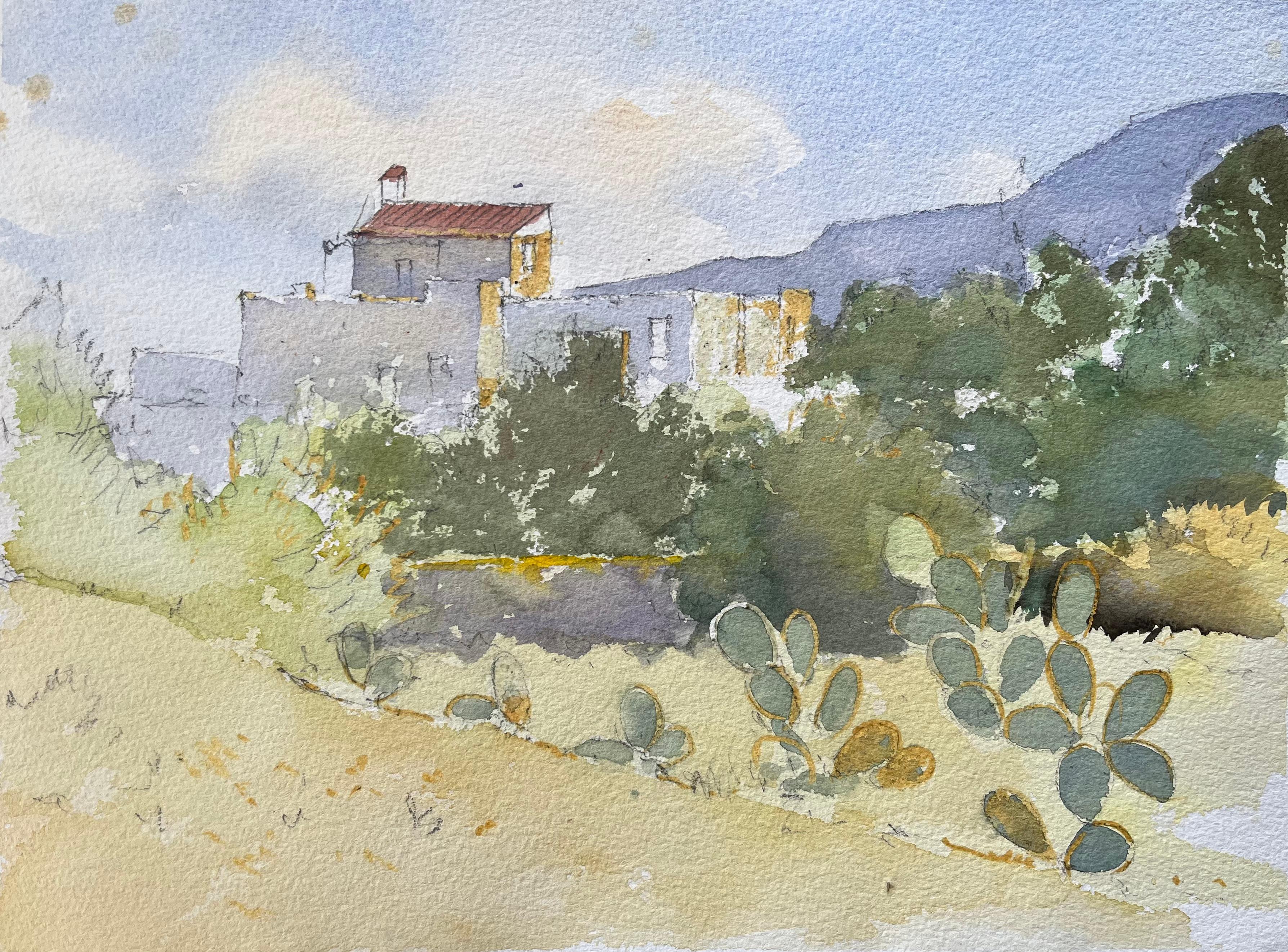 Anthony Avery Landscape Painting - Impressionist Mediterranean Watercolor of Prickly Pear Cacti and Sunlit Village