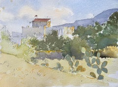 Impressionist Mediterranean Watercolor of Prickly Pear Cacti and Sunlit Village