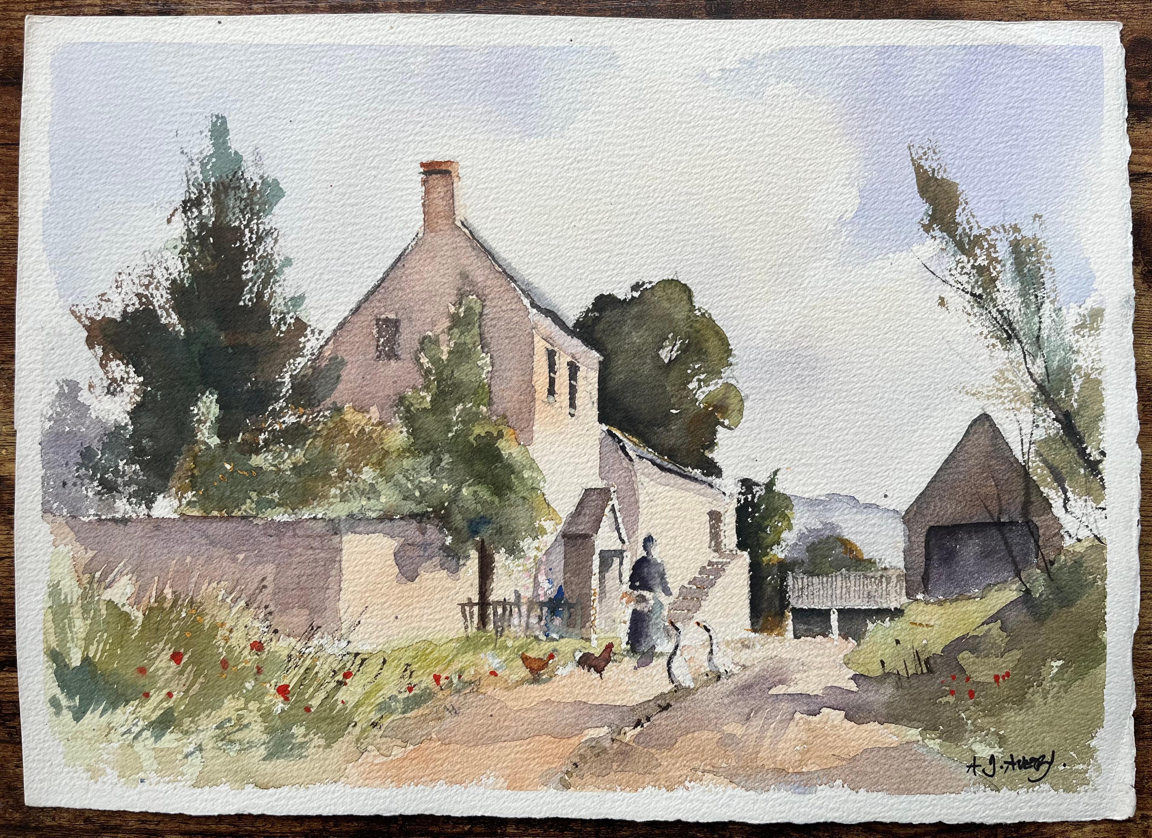 Impressionist Watercolor of French Countryside Farmhouse with Chickens and Geese - Painting by Anthony Avery