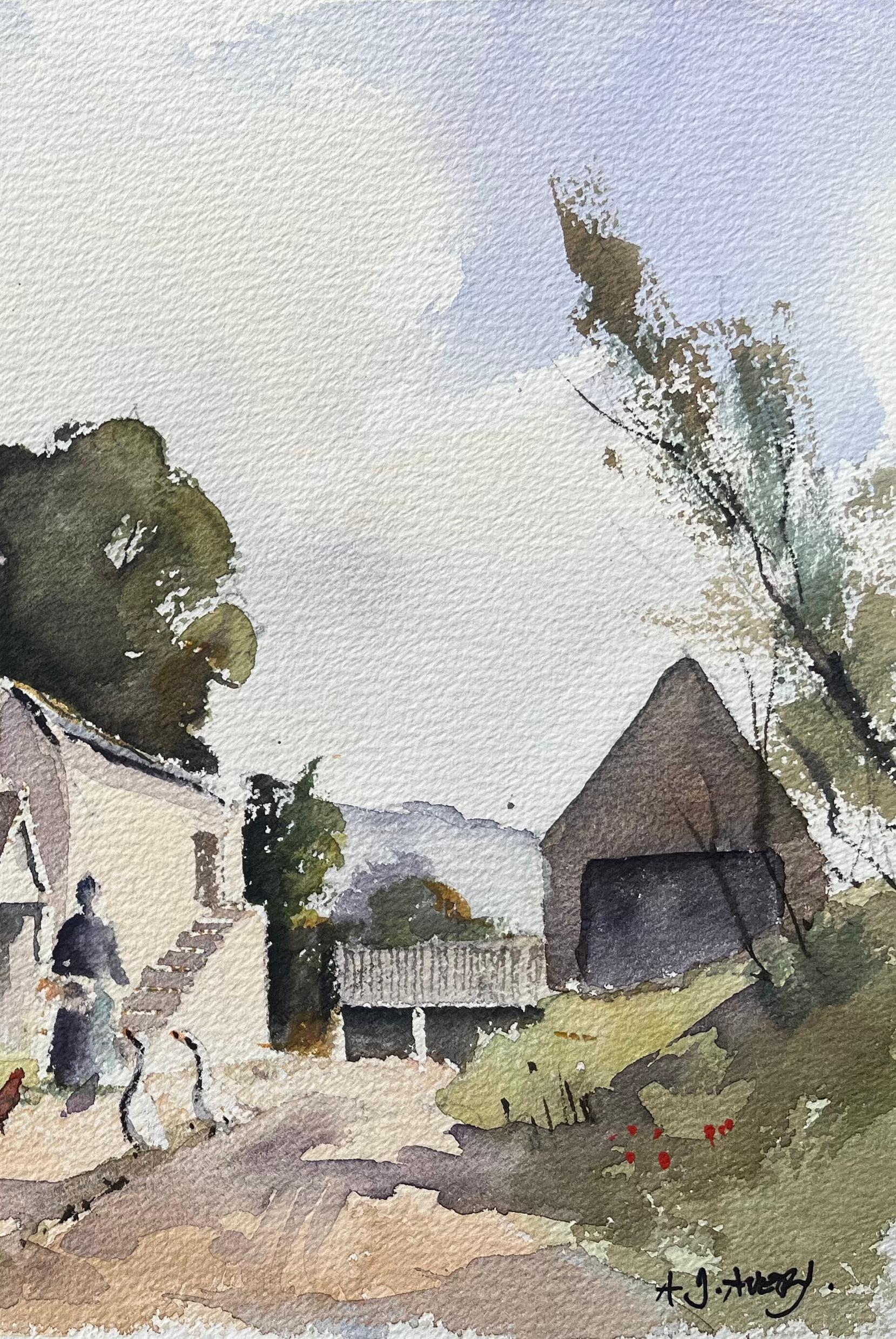 Impressionist Watercolor of French Countryside Farmhouse with Chickens and Geese - Gray Landscape Painting by Anthony Avery