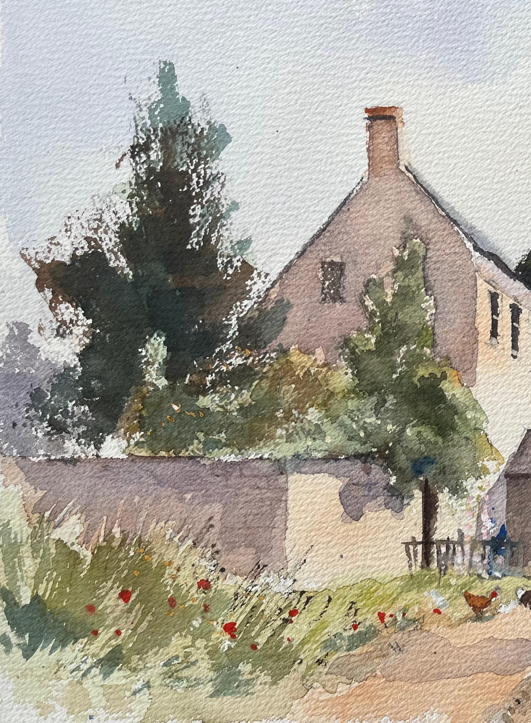 Impressionist Watercolor of French Countryside Farmhouse with Chickens and Geese For Sale 1