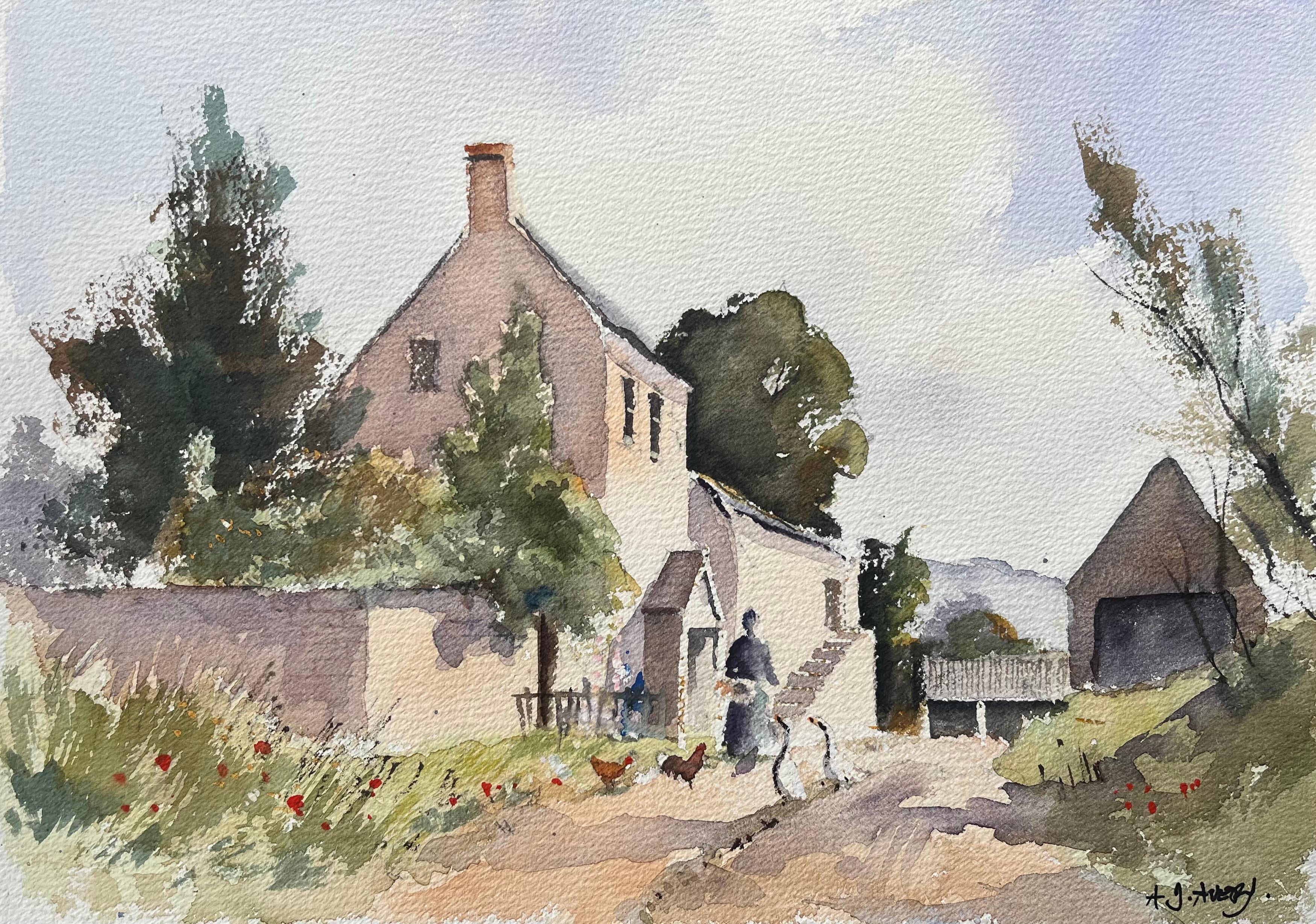 Anthony Avery Landscape Painting - Impressionist Watercolor of French Countryside Farmhouse with Chickens and Geese