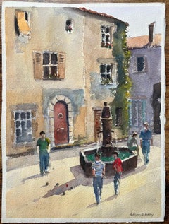 Acquerello impressionista di scena di villaggio francese con fontana e giocatore di bocce