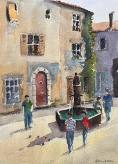 Impressionistisches Aquarell einer französischen Dorfszene mit Brunnen- und Boules-Spieler, Impressionismus