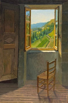Sonnenbeschienenes französisches Tal, Blick durch ein offenes Fenster – britisches Ölgemälde