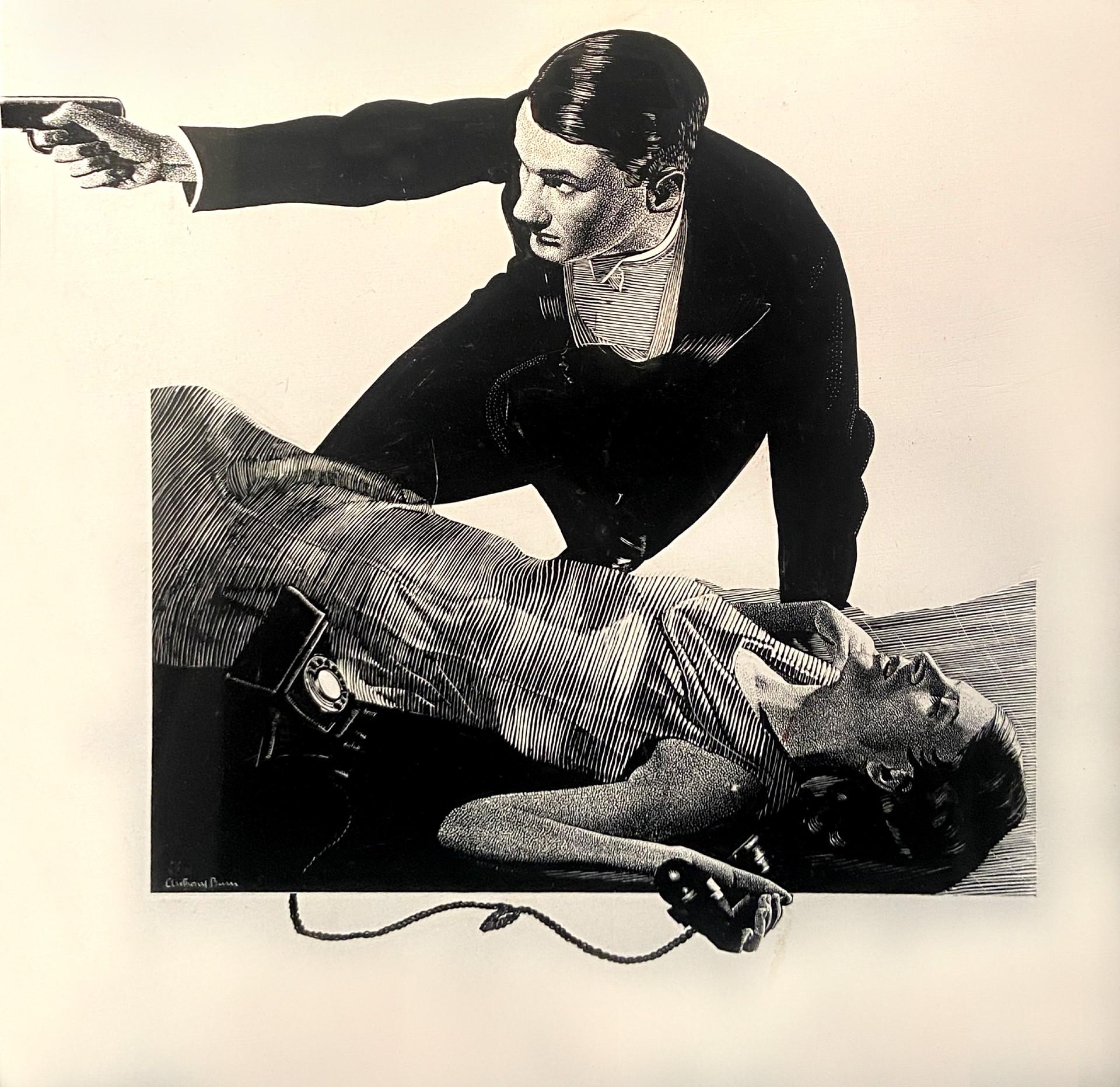 Figurative Painting Anthony Baum - The Incident, artiste britannique du 20e siècle, œuvre d'art mixte signée