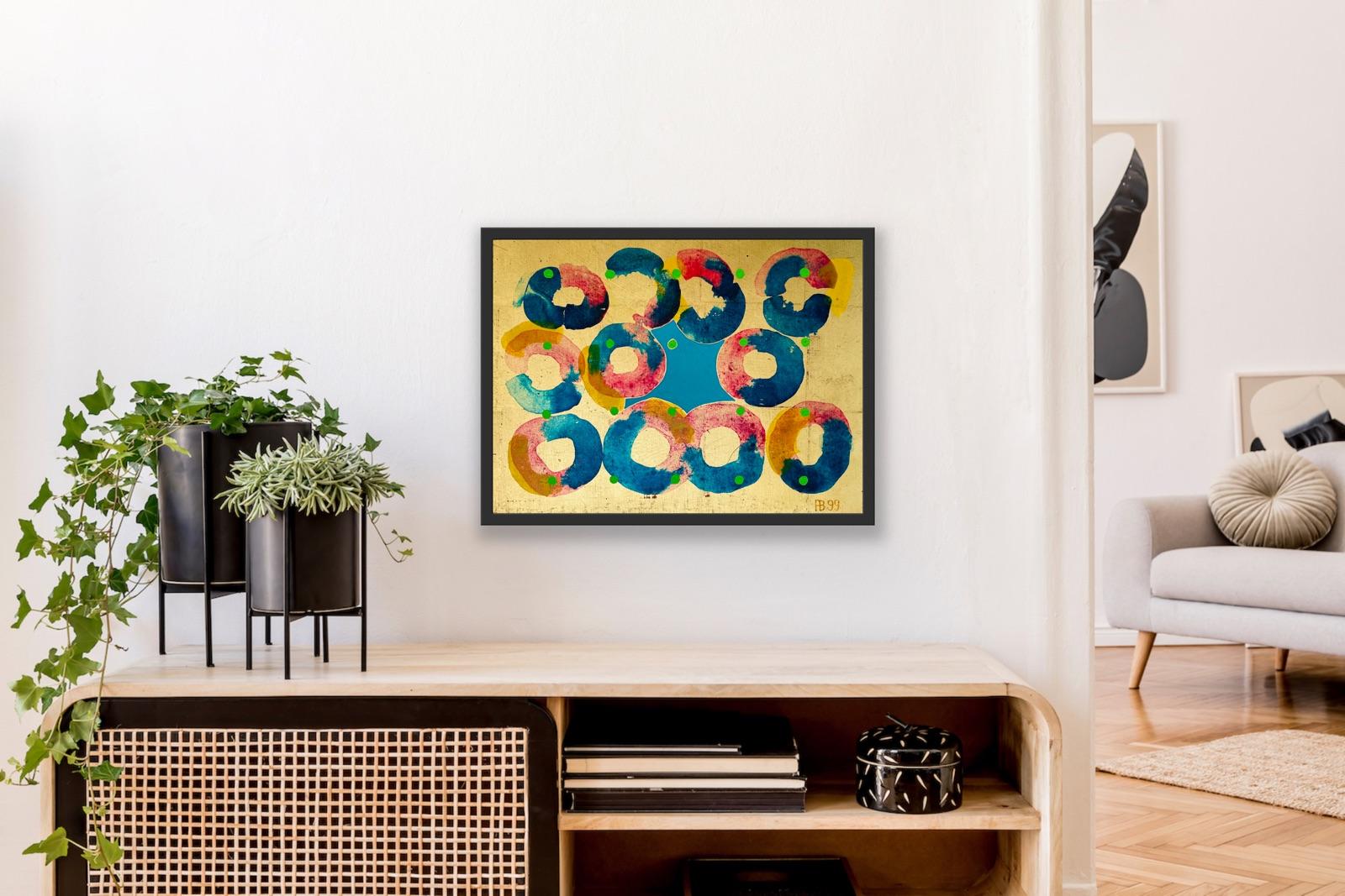 Abstract Painting Green Dots, Gold Leaf and Blue Royal Society of Arts Africa For Sale 6