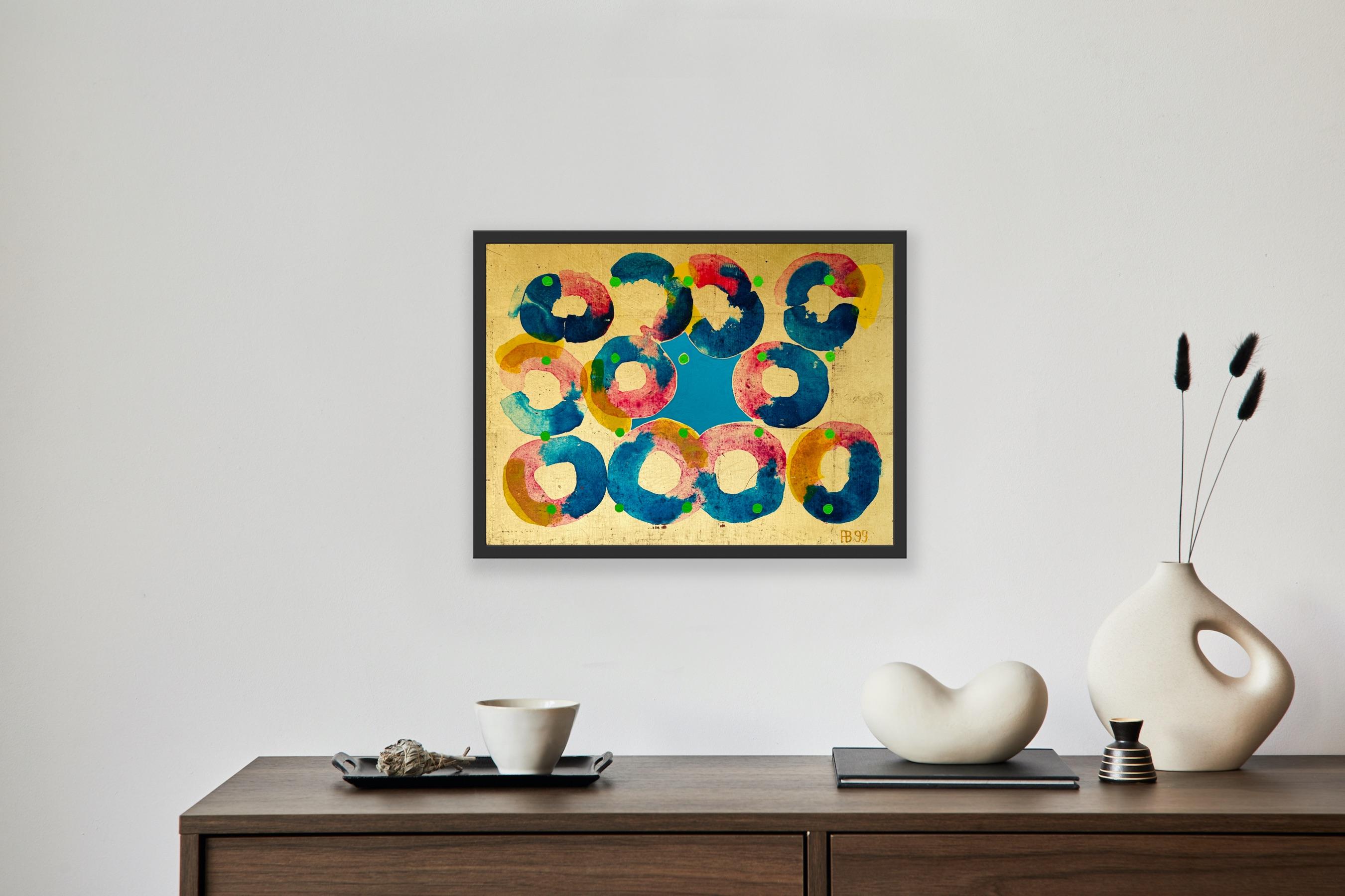 Abstract Painting Green Dots, Gold Leaf and Blue Royal Society of Arts Africa For Sale 11