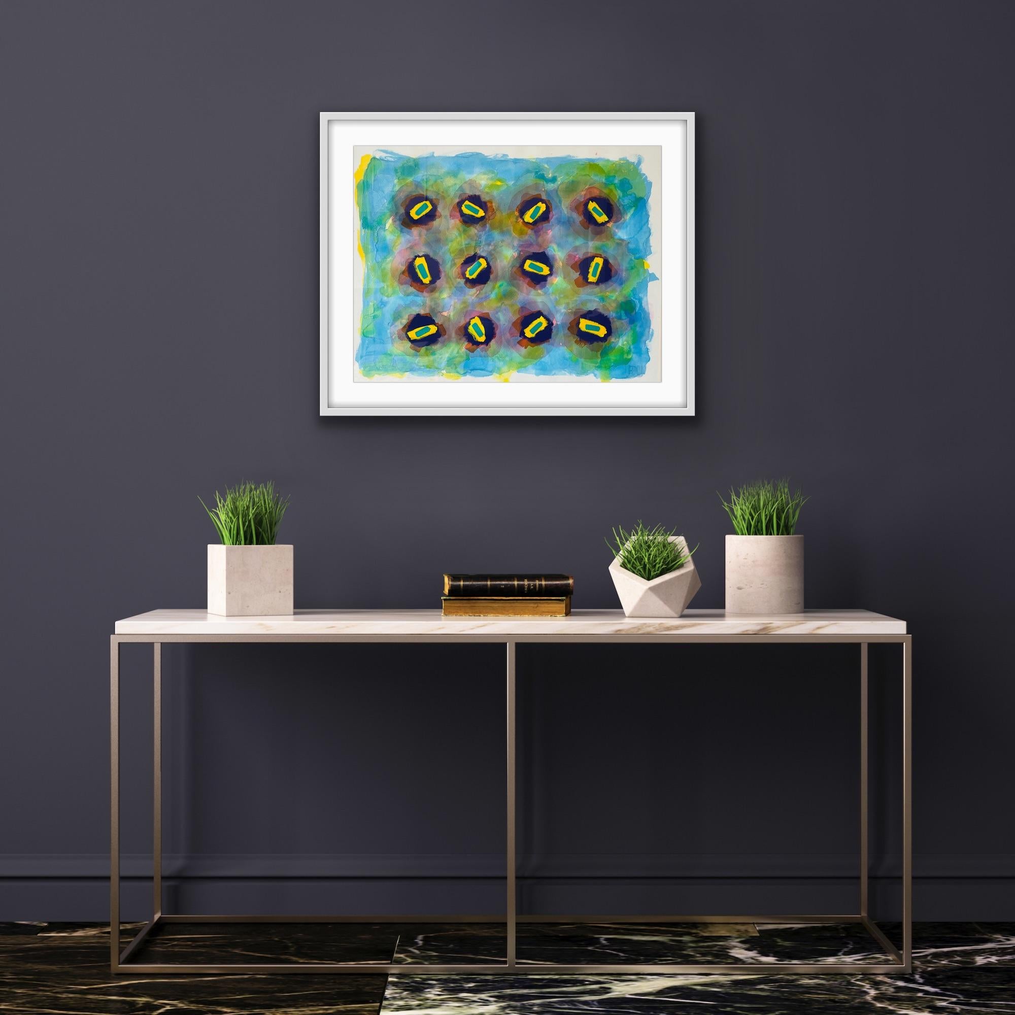 Peinture abstraite de l'artiste répertorié Royal Society Arts, bleu, jaune, rose, Afrique en vente 8