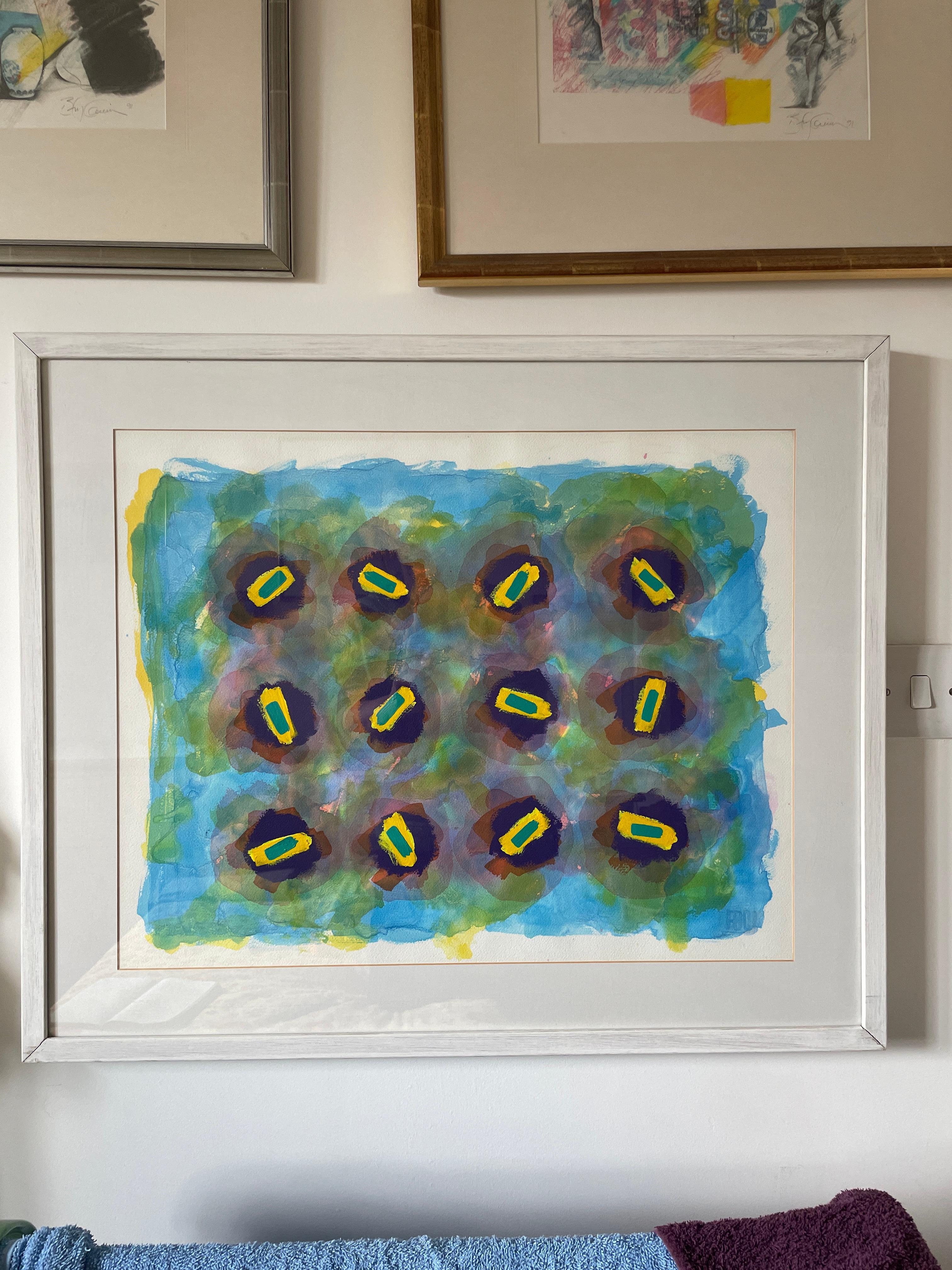 Peinture abstraite de l'artiste répertorié Royal Society Arts, bleu, jaune, rose, Afrique en vente 10