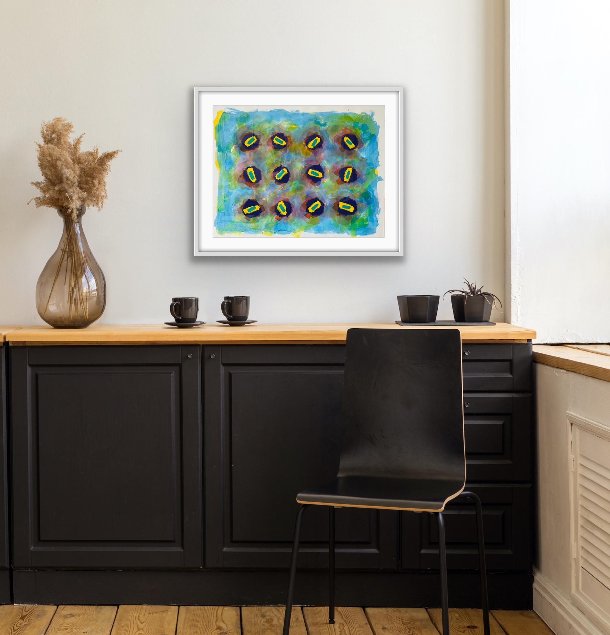 Peinture abstraite de l'artiste répertorié Royal Society Arts, bleu, jaune, rose, Afrique - Gris Abstract Drawing par Anthony Benjamin