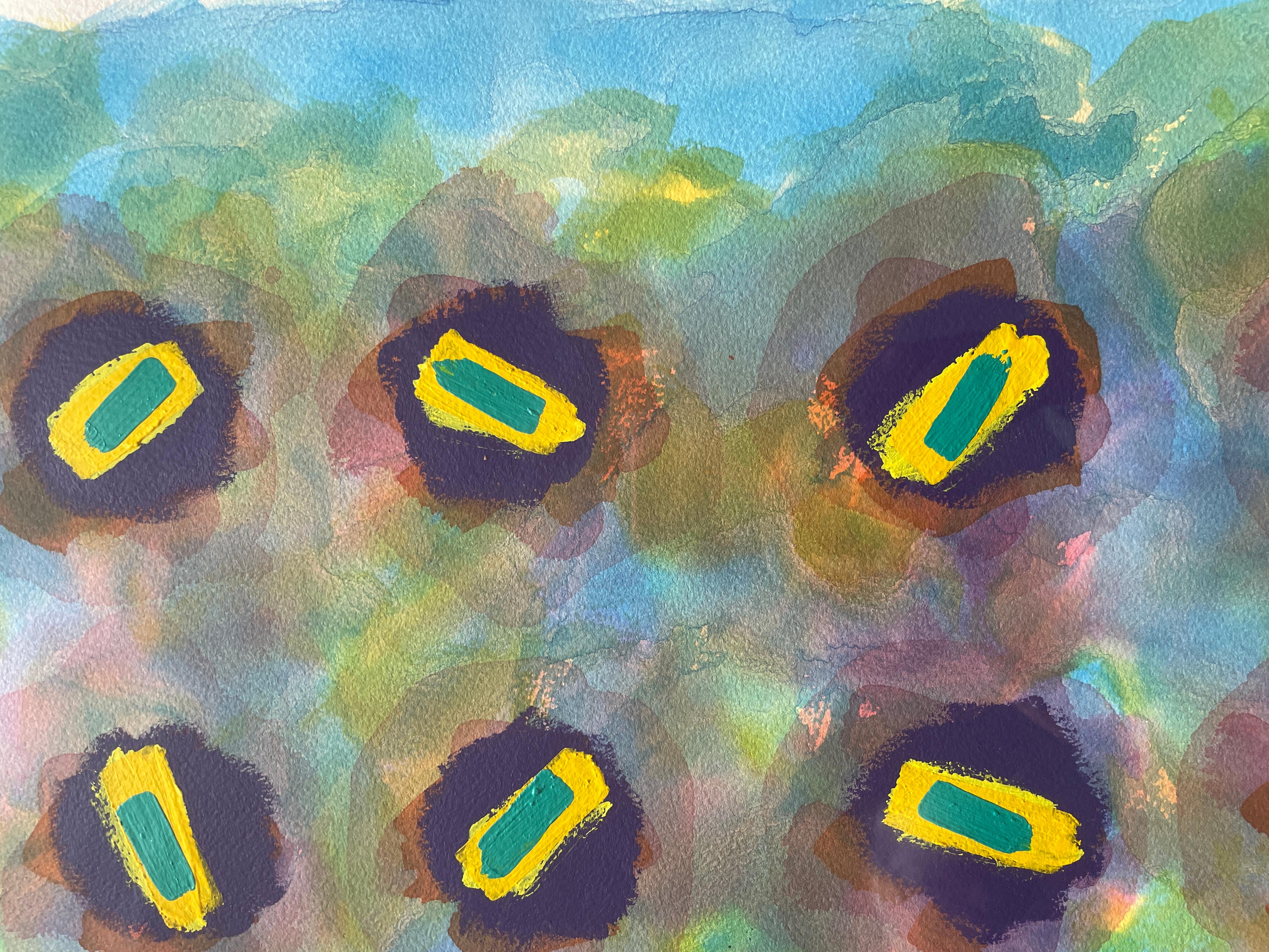 Peinture abstraite de l'artiste répertorié Royal Society Arts, bleu, jaune, rose, Afrique en vente 2