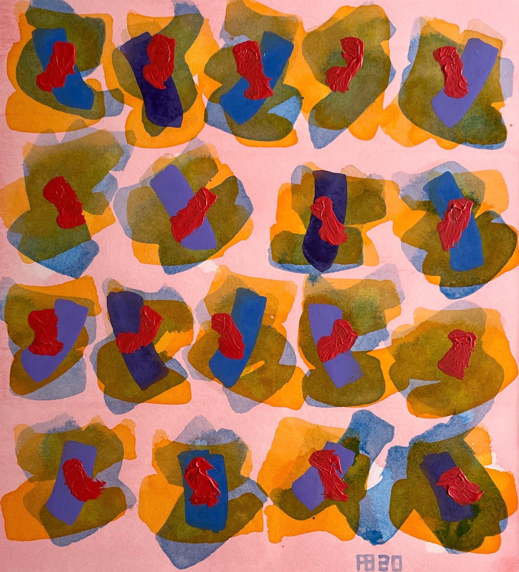 Peinture abstraite de l'artiste répertorié Royal Society Arts rose bleu rouge orange Afrique