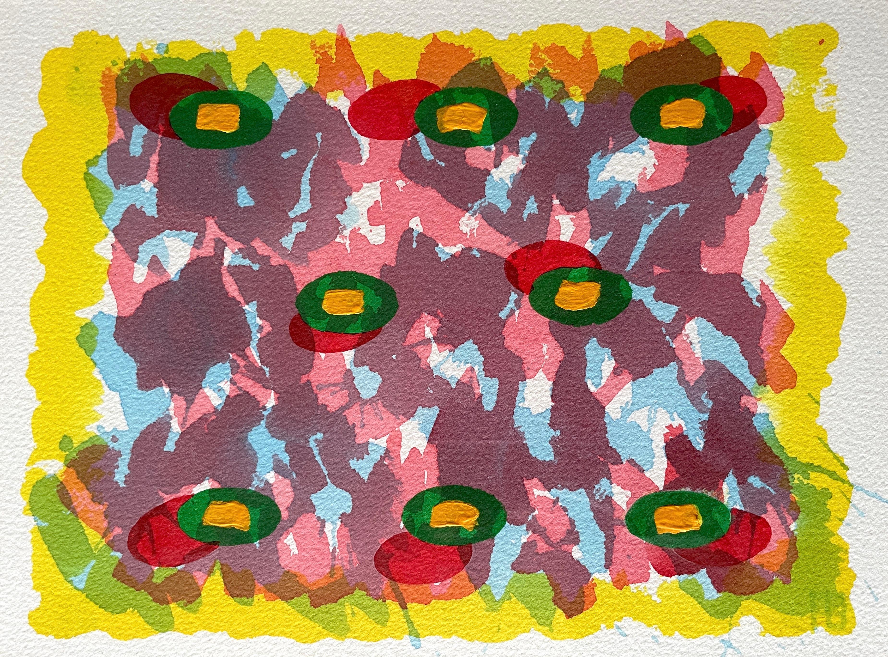 Une peinture abstraite de l'artiste répertorié Royal Society Arts rose, violet, jaune et vert