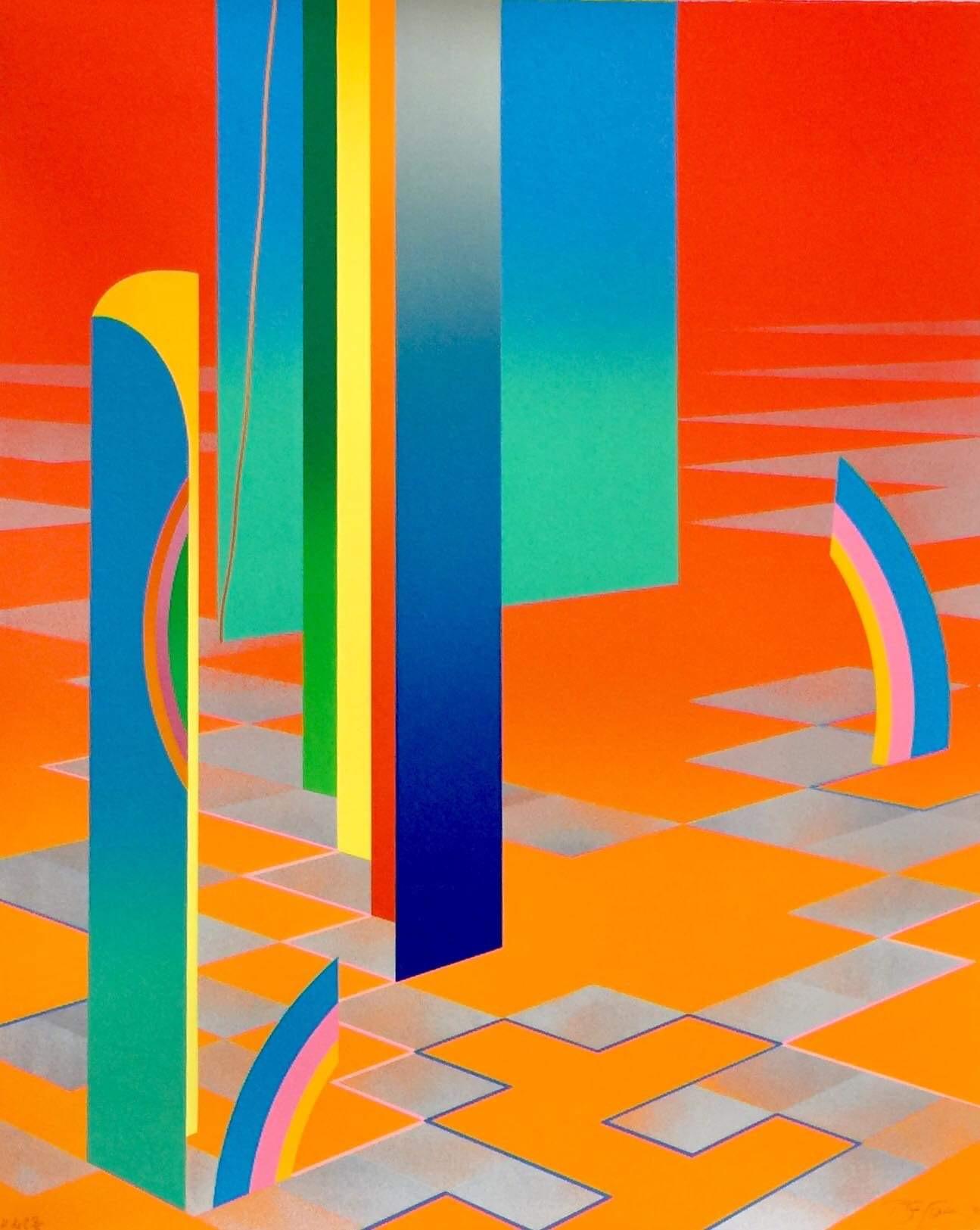 Sammler Limitierte Auflage 1980er Jahre warme, farbenfrohe abstrakte geometrische Grafik 2