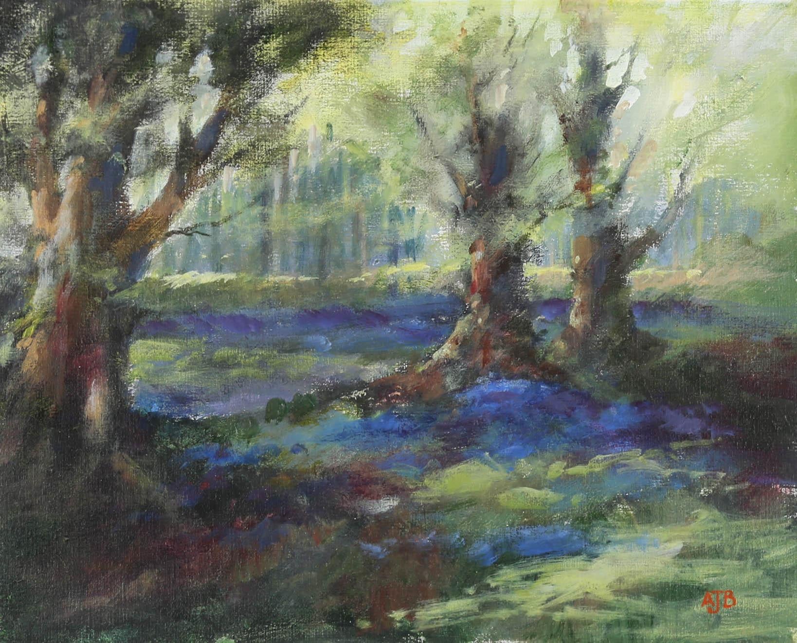 A colourful study of a spring woodland by 20th century artist Anthony Bloomfield. Signed with monogram to the lower right. Beautifully mounted in a cotton slip and metallic green frame. On canvas board.
