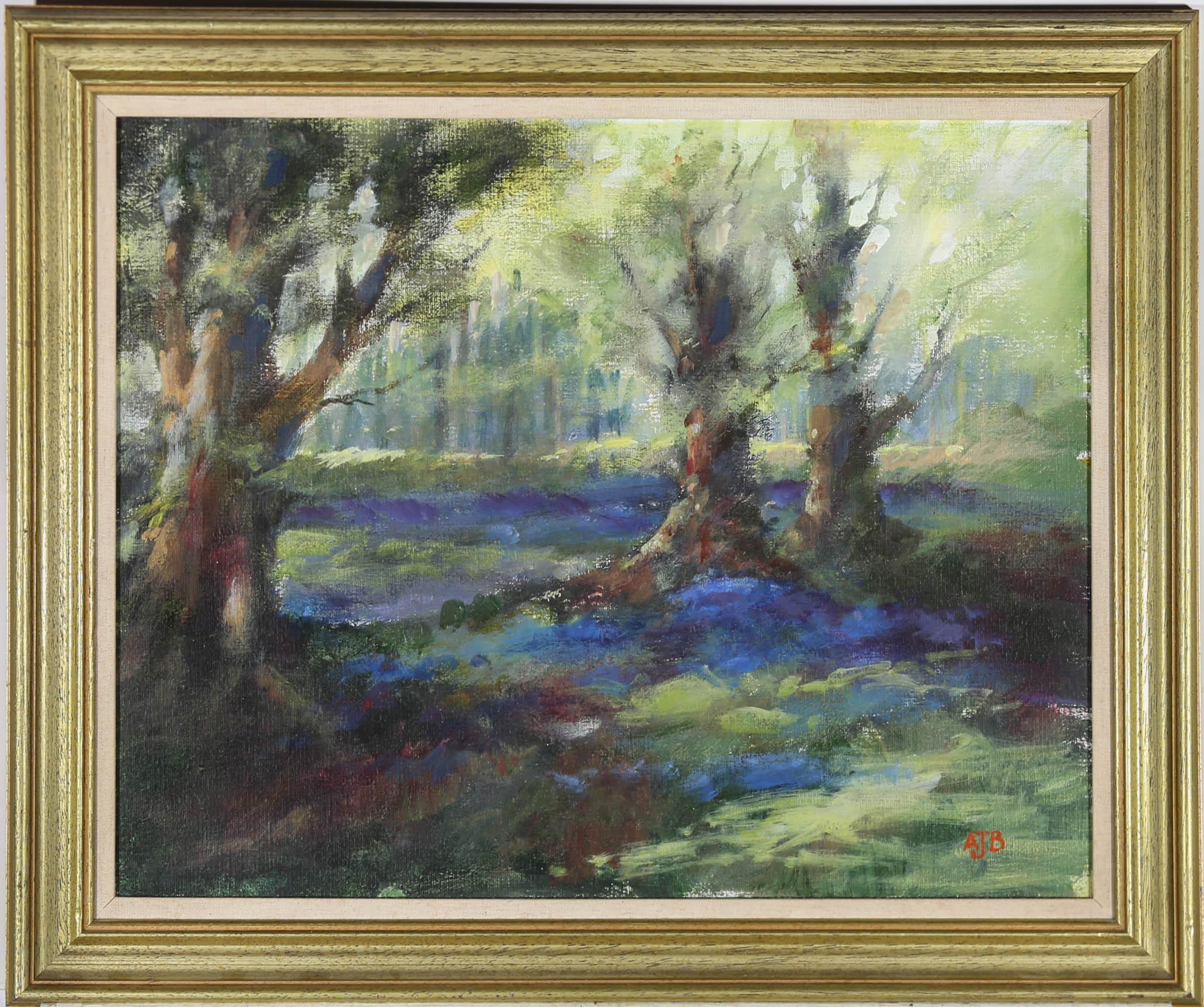 A colourful study of a spring woodland by 20th century artist Anthony Bloomfield. Signed with monogram to the lower right. Beautifully mounted in a cotton slip and metallic green frame. On canvas board.

