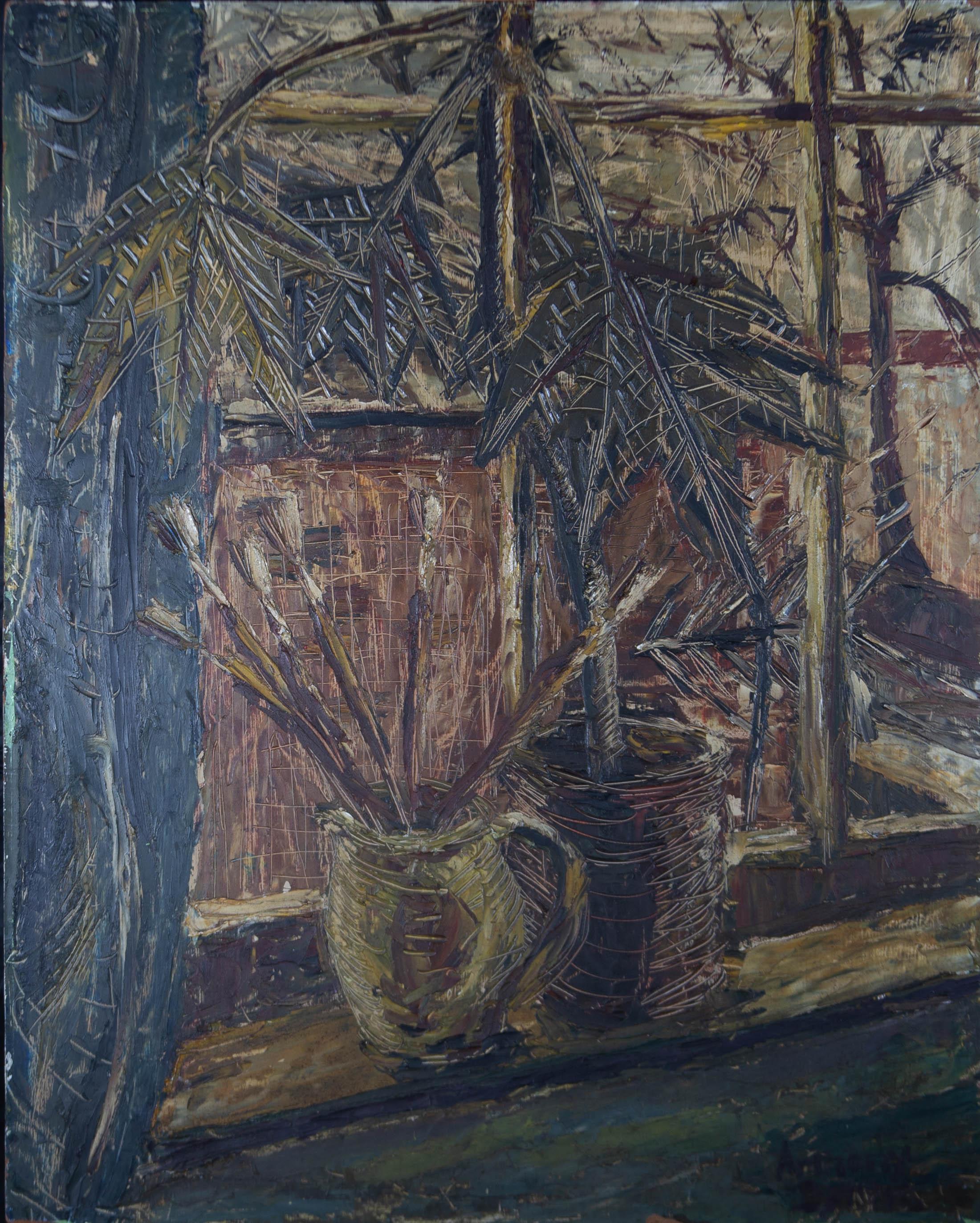 An engaging impasto oil painting by the Irish artist Anthony Byrne, depicting a studio scene with a pot plant and painting brushes in a jar by a big window. Signed to the lower right-hand corner. There is a label on the reverse inscribed with the