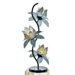 Anthony California Lacquer and Brass Hollywood Regency Etched Glass Floral Lamps